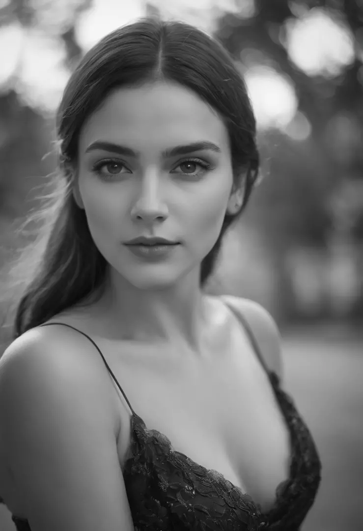 portrait of a women,black and white,high contrast,thin loose dress,short chest,cinematic