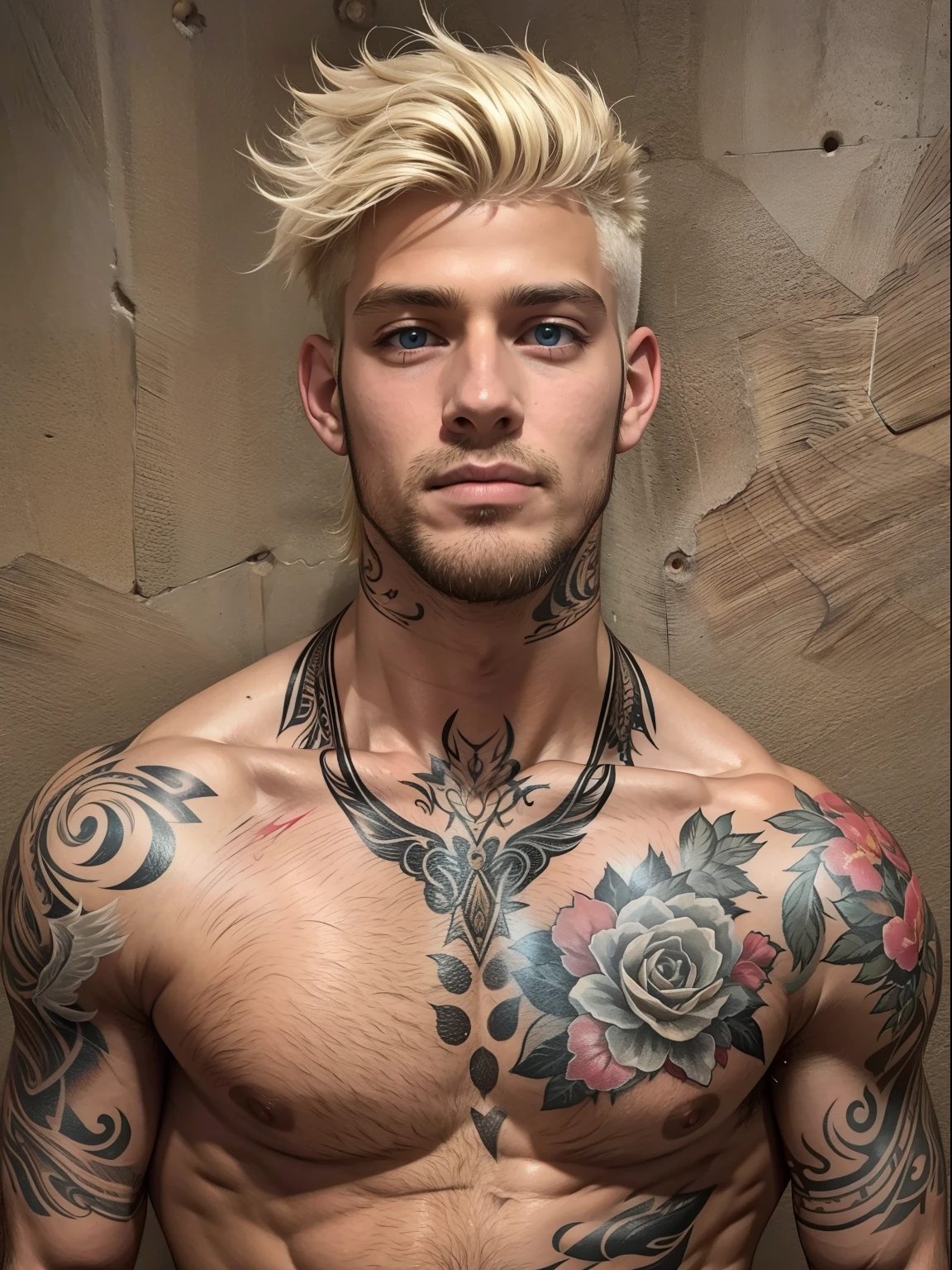 1 menino, 25 anos de idade, pele bronzeada, cabelo branco a loiro desbotado, tatuagem de corpo inteiro, pelos corporais, pêlos faciais