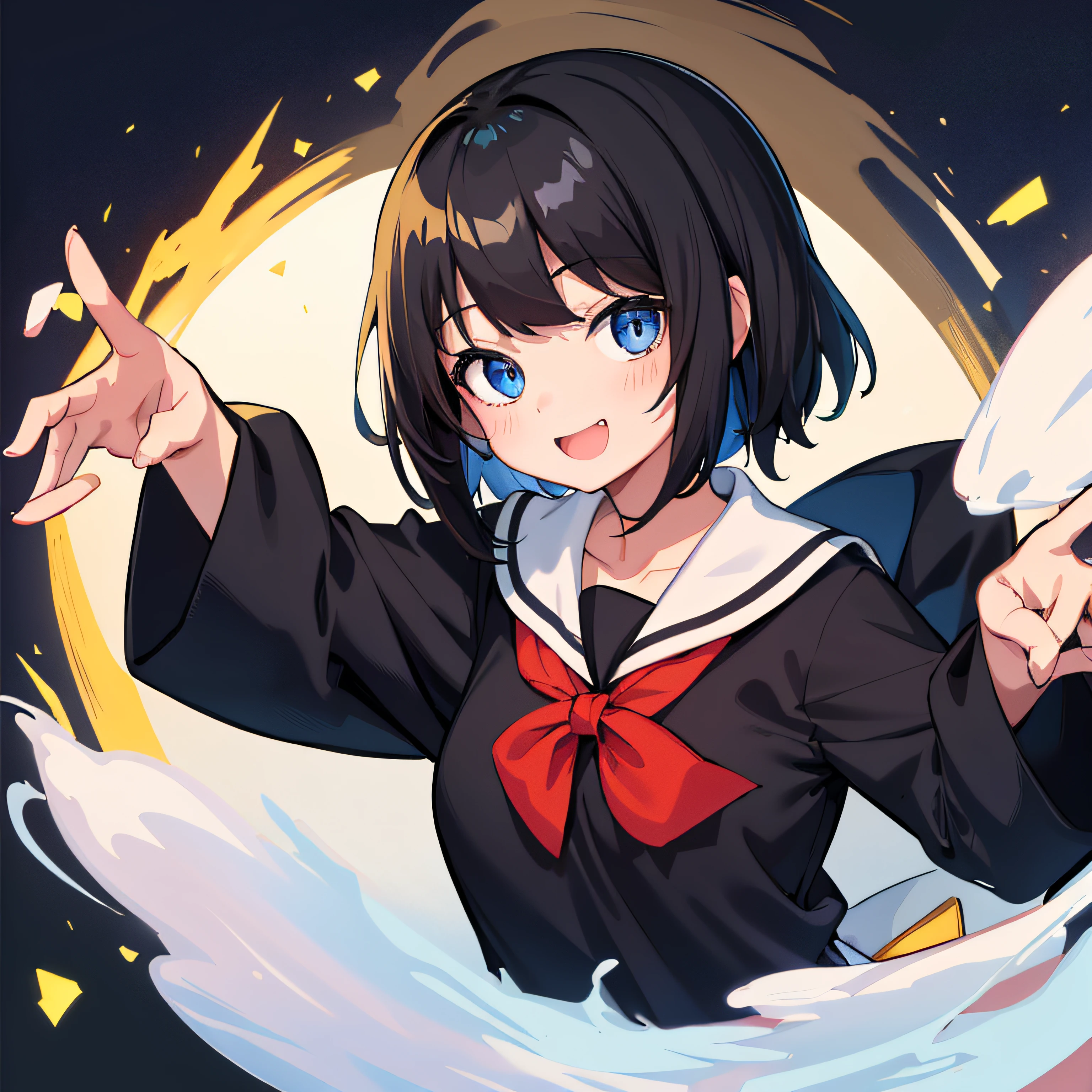 top-quality, ​masterpiece, portrait of cute girl, ((独奏)), 1girl in, (Black medium hair), Black hair, Blue eyes, cute little, white backgrounid, ((Happiness)), Chibi,hi-school girl、high-school uniform、夏天,a sailor suit、huge tit