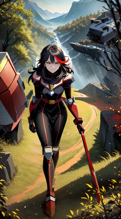 ((Masterpiece, Best Quality)): 1Girl, Princess Ryuko matoi wearing Heavy red black and gold Knight Armor, heavy mech armor, cybe...