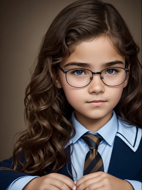 Realistic photo of a 10-year-old girl of European appearance, slightly curly brown thick hair below the shoulder blades(to the m...