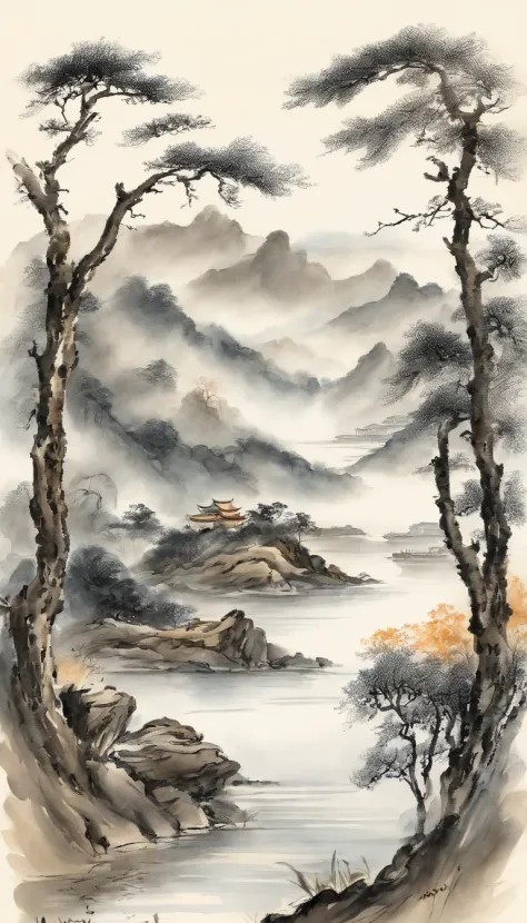 Chinese landscape painting, a man wears Hanfu, ink and watercolor painting，water ink，ink，Smudge，Faraway view，Ultra-wide viewing angle ，Faraway view， Meticulous， Smudge，low-saturation， Low contrast, A detailed， accurate， Works of masters， masterpiece