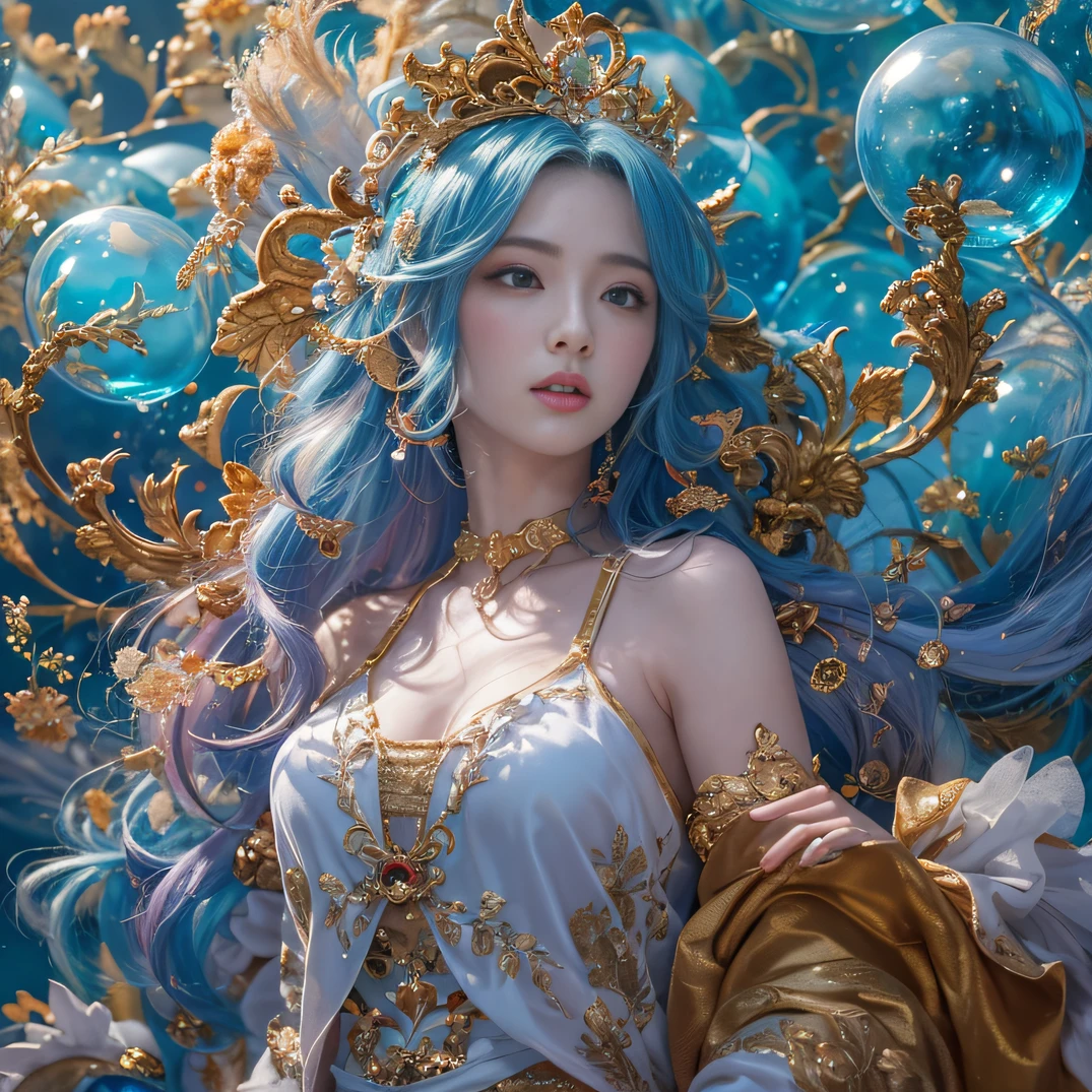 cyan colors，blue colors，enamel，agates，A flesh-colored world，Blood Blue Maiden 32K（tmasterpiece，k hd，Aoyama Pond，hyper HD，32K）Long flowing bright blue hair，blood pond，zydink， a color，Grumpy （Post-hanen scarf）， Combat posture， looking at the ground， long whitr hair， Floating bright blue， Fire cloud pattern gold tiara， Chinese long-sleeved gold silk burgundy garment， （Abstract metaverse splash：1.2）， white backgrounid，Peony flower vitality protector（realisticlying：1.4），Bright purple hair，Smoke on the road，The background is pure， A high resolution， the detail， RAW photogr， Sharp Re， Nikon D850 Film Stock Photo by Jefferies Lee 4 Kodak Portra 400 Camera F1.6 shots, Rich colors, ultra-realistic vivid textures, Dramatic lighting, Unreal Engine Art Station Trend, cinestir 800，A girl with long flowing bright blue hair，Huge colorful bubbles