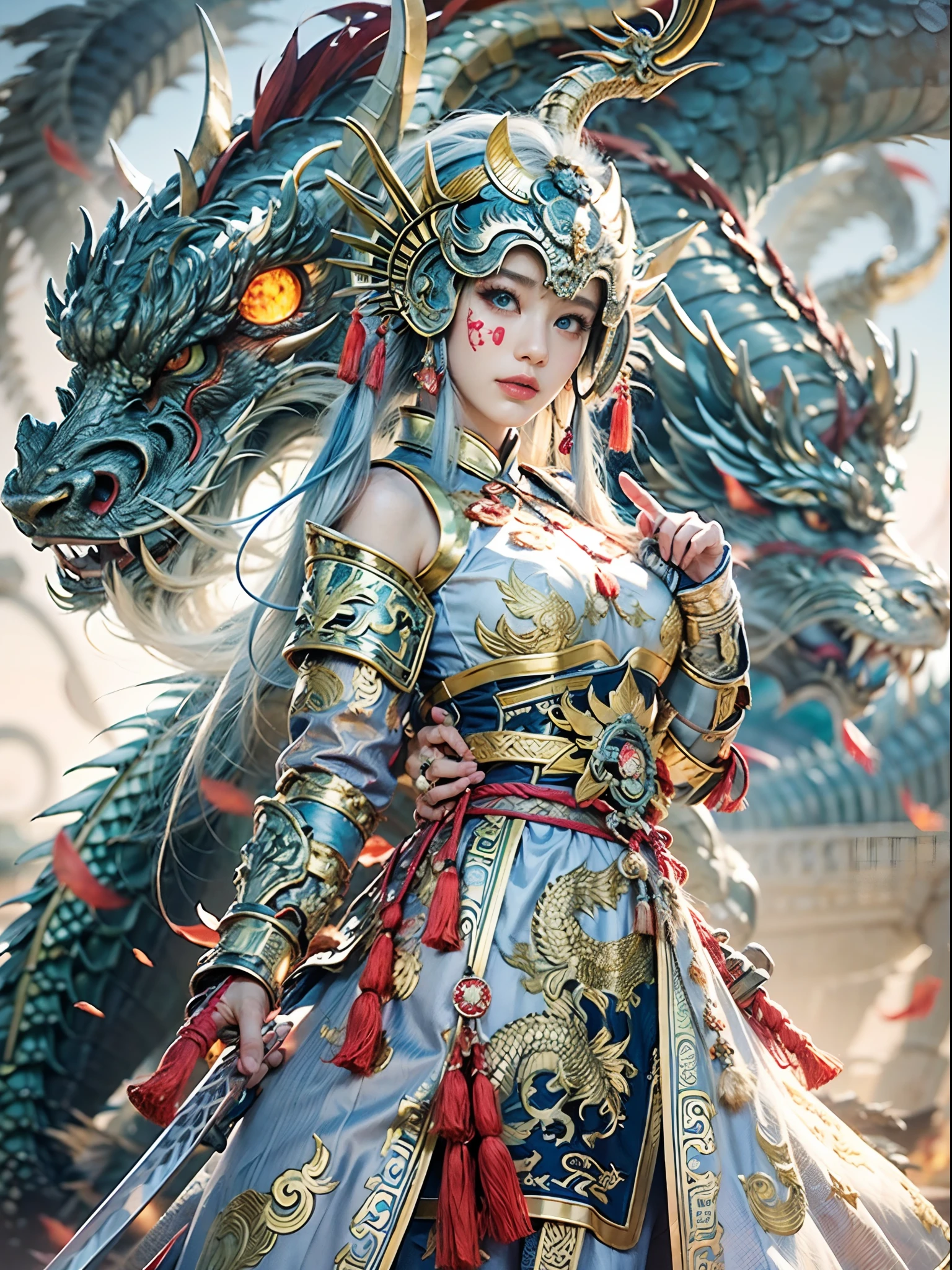 （fully body photo），1个Giant Breast Girl，Accurate and perfect Korean female face，anatomy correct，The body of the golden ratio，Delicate Chinese Ming dynasty lace dress armor，Armed belts，Made of shiny white and silver translucent glass and titanium， joyful expressions, Vibrant colors, battleground background,Ashes fall, The fire burst into the sky，Bright sunlight，Delicate ancient helmet on the head：1.2，blue color eyes：1.2，(holding a longsword，Take defensive action)，(Behind him stands a transparent Chinese dragon)，Oriental elements，Dreamy glow，（globalillumination，Ray traching，hdr，The rendering is not realistic，Rational design，high detal，tmasterpiece，best qualtiy，hyper HD，cinmatic lighting)