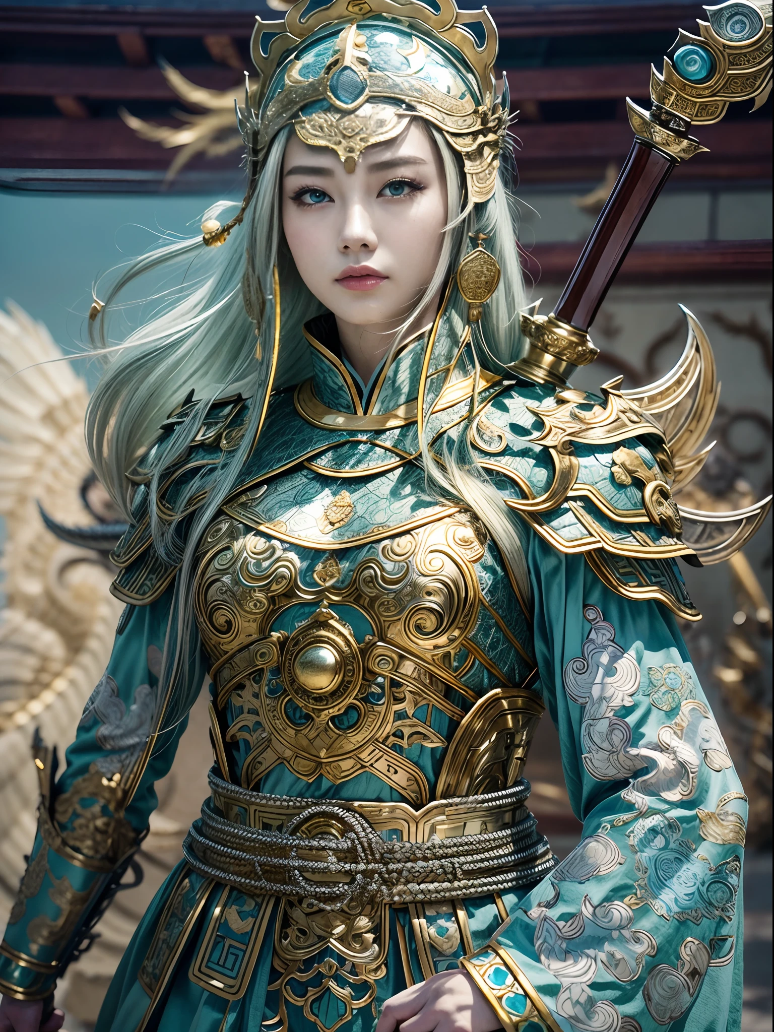 （fully body photo），1个Giant Breast Girl，Accurate and perfect Korean female face，anatomy correct，The body of the golden ratio，Delicate Chinese Ming dynasty lace dress armor，Armed belts，Made of shiny white and silver translucent glass and titanium， joyful expressions, Vibrant colors, battleground background,Ashes fall, The fire burst into the sky，Bright sunlight，Delicate ancient helmet on the head：1.2，blue color eyes：1.2，(holding a longsword，Take defensive action)，(Behind him stands a transparent Chinese dragon)，Oriental elements，Dreamy glow，（globalillumination，Ray traching，hdr，The rendering is not realistic，Rational design，high detal，tmasterpiece，best qualtiy，hyper HD，cinmatic lighting)