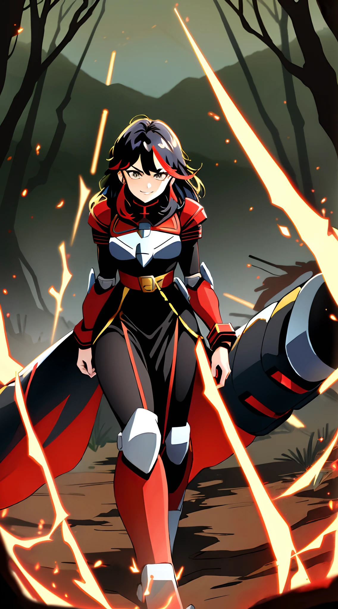 ((Masterpiece, Best Quality)): 1Girl, Princess Ryuko matoi wearing Heavy red black and gold Knight Armor, heavy mech armor, cyber armor red and black, gold belt, heavy red black dress, long hair, long tapered red dress with gold and black highlights, princess armor, long flowing black dress with red highlights and gold waist belt, red mechsuit, looking at viewer at eye-level, full-body, forest background, forest background with large mountains, heavy armored black gold and red dress, looking at viewer with closed smirk, black knight shoulder pauldrons