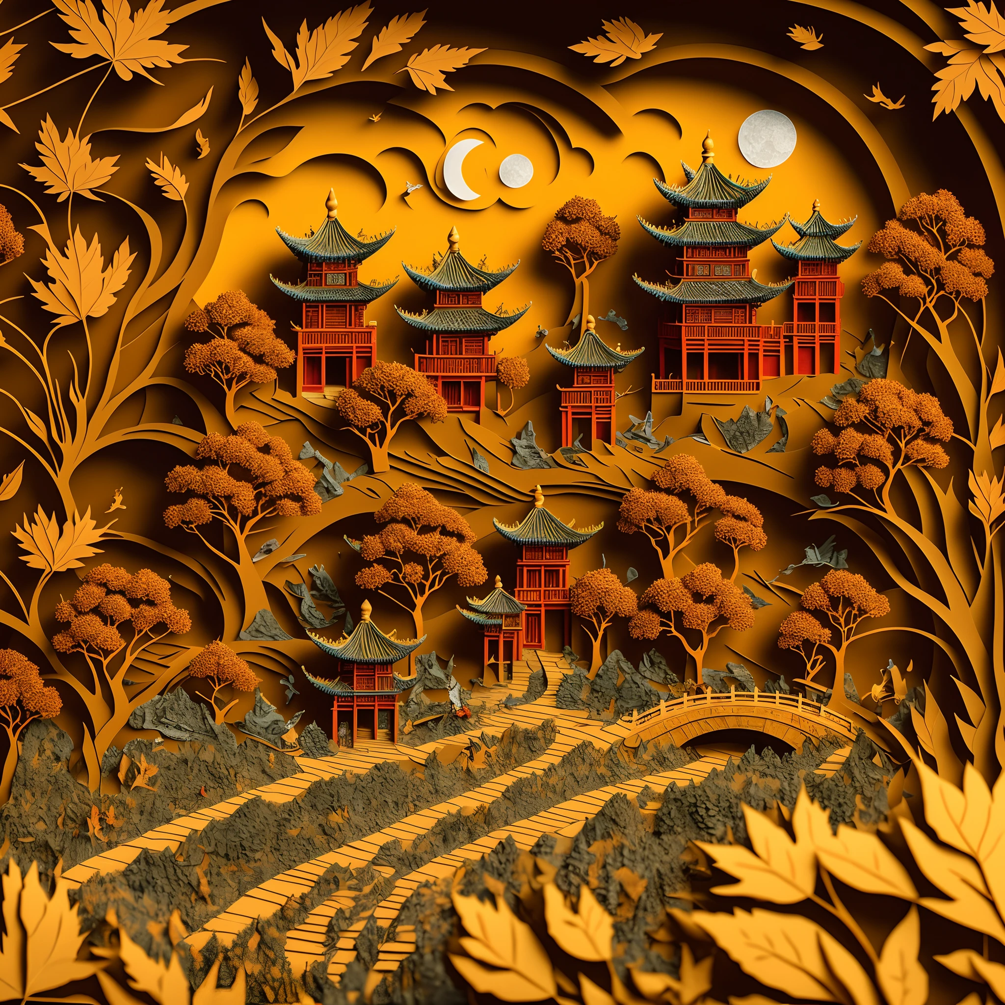 8K, Best quality, Masterpiece, Ultra-high resolution, (photo-realistic:1.4), RAW photo, Close-up, paper cut out, Chinese architecture, Villas，gardens,courtyard，yard，Landscapes, Sea of Clouds, Sharp focus, Ray tracing, Intricate details, in fall, Golden hour lighting, Fine art imitation