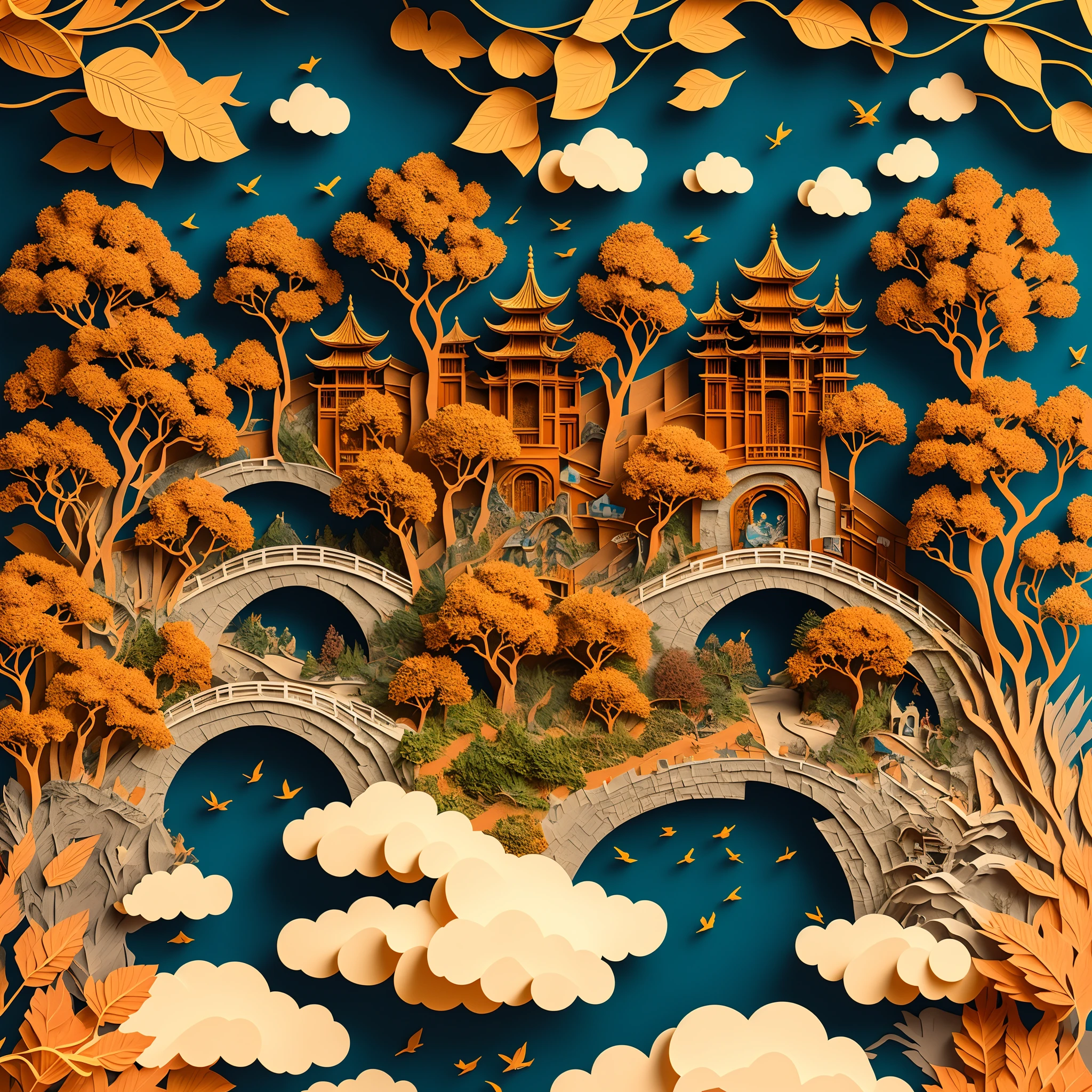 8K, Best quality, Masterpiece, Ultra-high resolution, (photo-realistic:1.4), RAW photo, Close-up, paper cut out, Chinese architecture, Villas，gardens,courtyard，yard，Landscapes, Sea of Clouds, Sharp focus, Ray tracing, Intricate details, in fall, Golden hour lighting, Fine art imitation