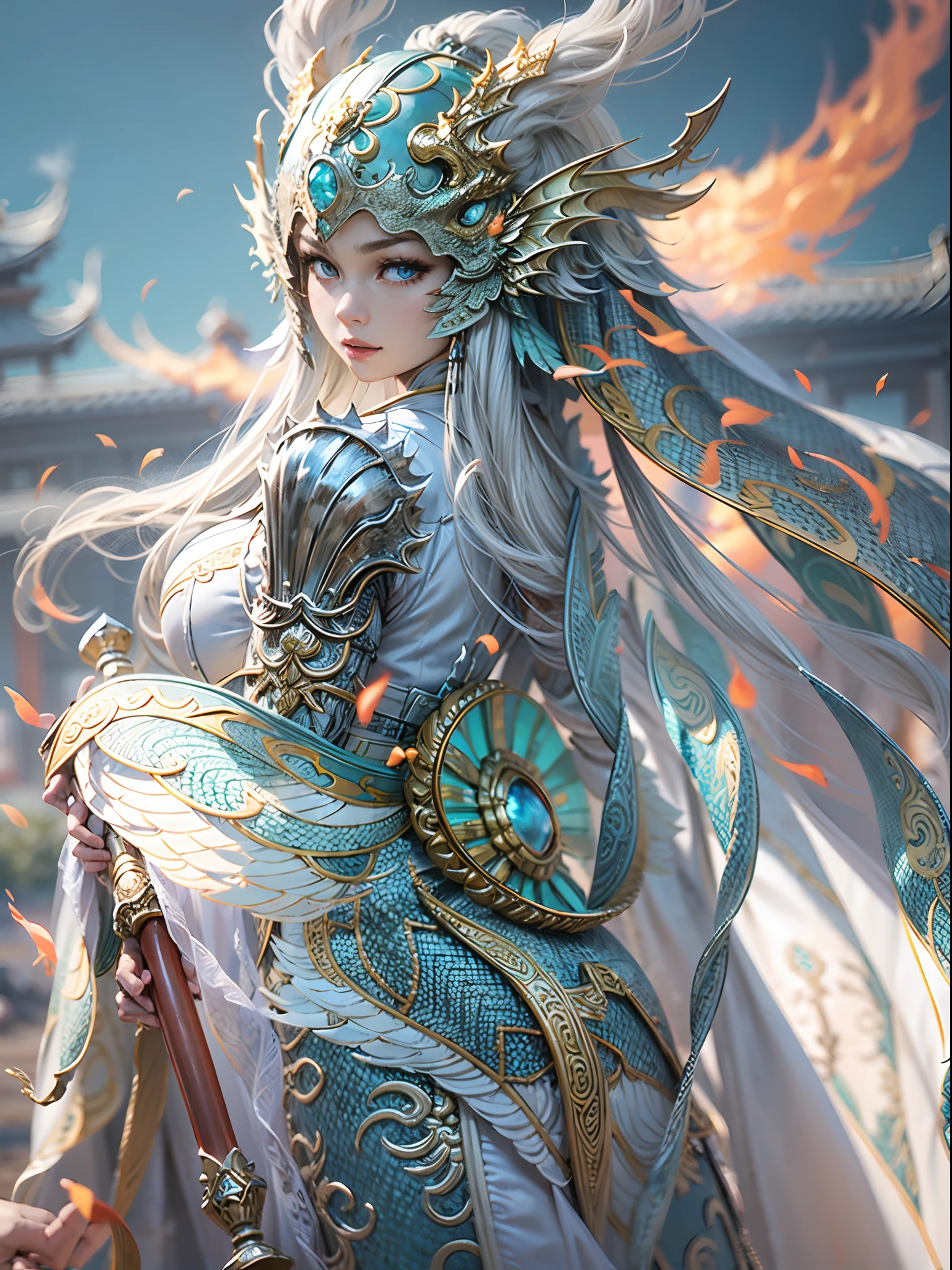 （fully body photo），1个Giant Breast Girl，Accurate and perfect Korean female face，anatomy correct，The body of the golden ratio，Delicate Chinese Ming dynasty lace dress armor，Armed belts，Made of shiny white and silver translucent glass and titanium， joyful expressions, Vibrant colors, battleground background,Ashes fall, The fire burst into the sky，Bright sunlight，Delicate ancient helmet on the head：1.2，blue color eyes：1.2，(holding a longsword，Take defensive action)，(Behind him stands a transparent Chinese dragon)，Oriental elements，Dreamy glow，（globalillumination，Ray traching，hdr，The rendering is not realistic，Rational design，high detal，tmasterpiece，best qualtiy，hyper HD，cinmatic lighting)