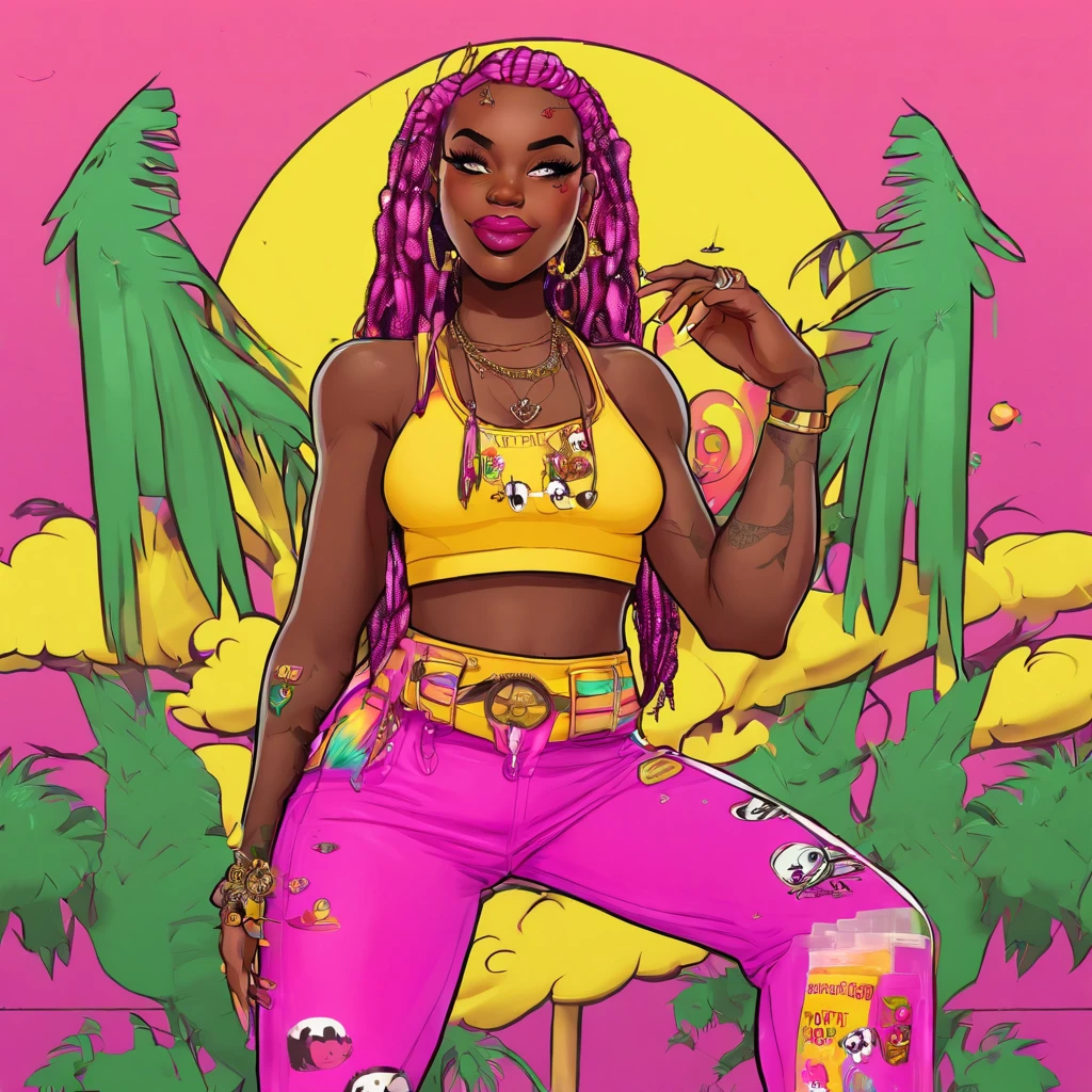 Dark skin cartoon girl with tattoos , super cute funky black girl, epic 3 d oshun, candypunk character design, imvu, y 2 k cutecore clowncore, epic 3 d oshun, candypunk character design, imvu, raver girl, wild rave outfit, dreadlocks, full body tattoos, two-toned clothes((yellow:1.3, magenta:1.3)), platinum yellow hair, sweat pants, tank top, plump lips, moon shaped earrings, ear piercings, b-cup sized breasts, yo-yo 🪀