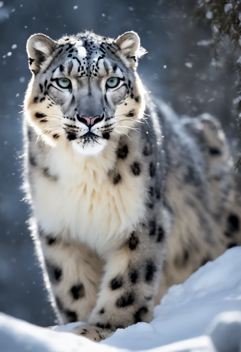 Snow leopard in the snow with blue eyes and white fur - SeaArt AI