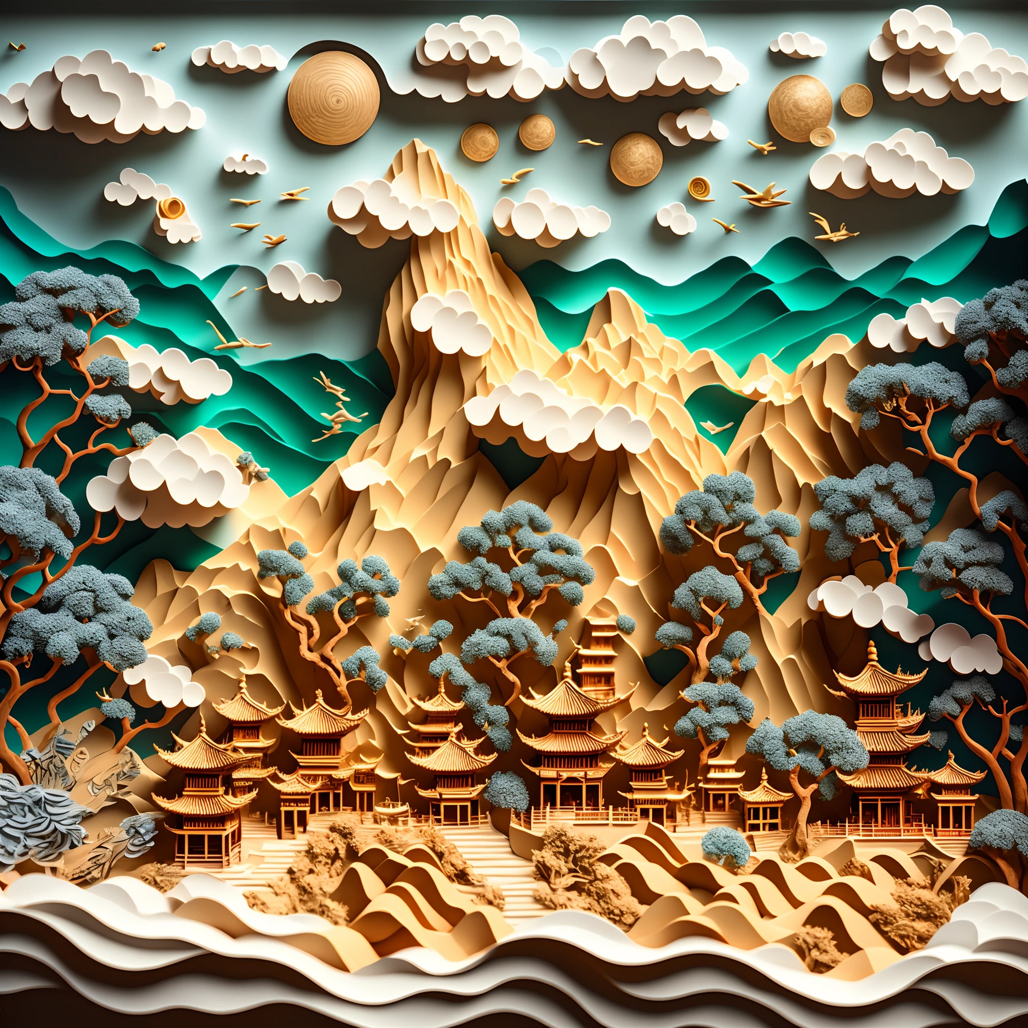 filmische Beleuchtung, Surrealismus, hyper HD, genau, Super Detail, Hohe Detailliertheit, beste Qualität, 8K，(Gebäude im chinesischen Stil,Villen，Gardens,courtHof，Hof，mont，Eau，,Wolkenmeer)，Die Darstellung ist extrem detailliert，Grobe Aquarellskizze, Tropfen Aquarell, Tintenprofil, 32K Auflösung, beste Qualität at best, realistisches altes Foto, ，Hohe Detailliertheits