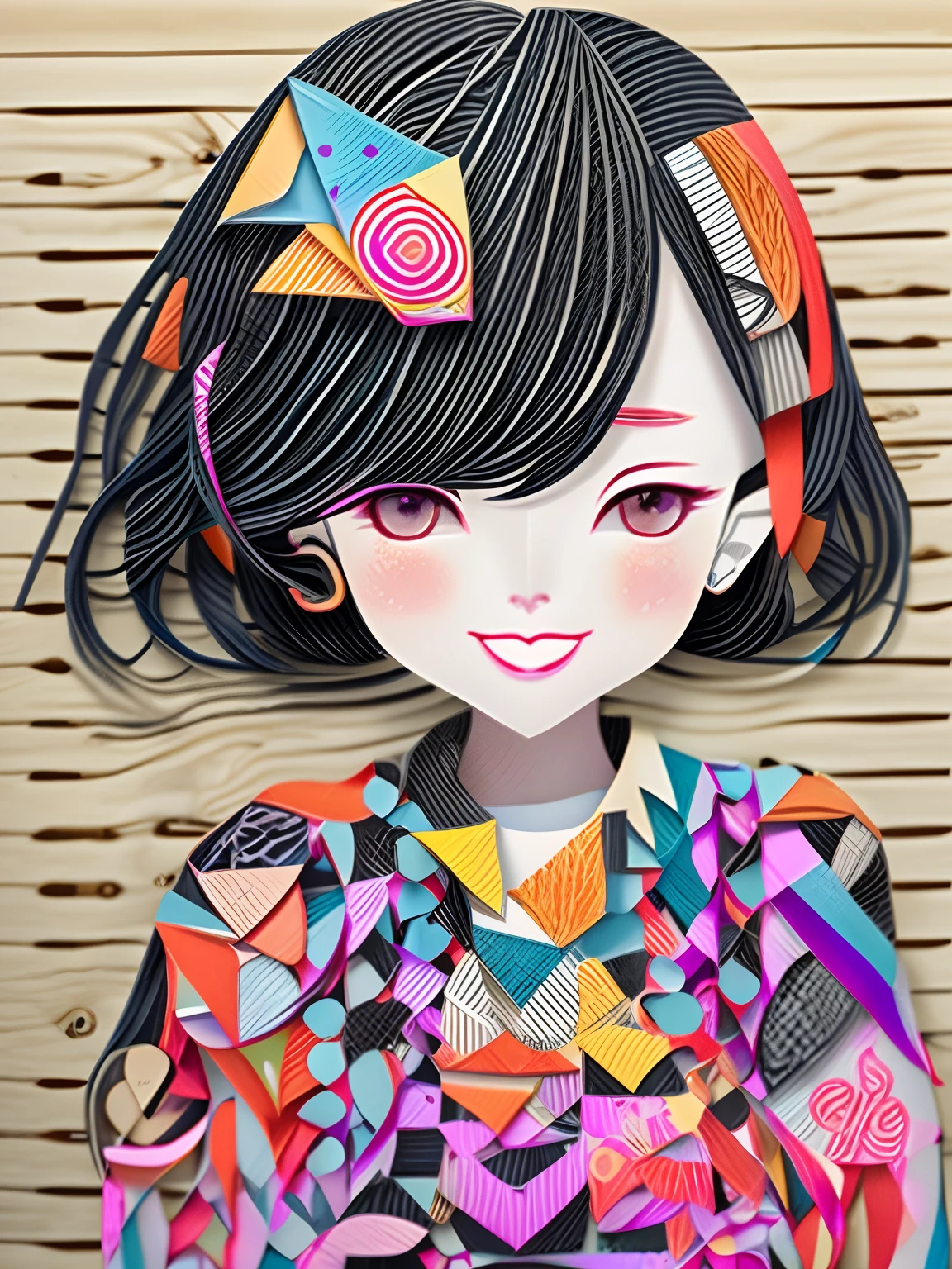 (masutepiece), (Best quality),1girll、hair adornments、Smile、Geometric pattern background、disarray、paper cut out:1.8