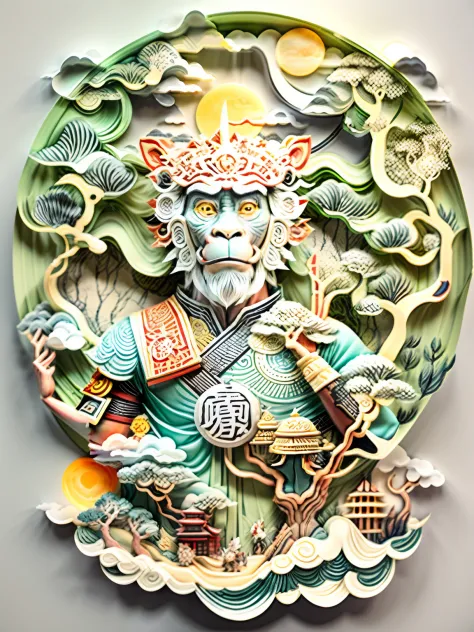 paper cut monkey king sun wukong, paper cut out, majestic paper-cutting craft, auspicious clouds, white colors, round outer ring...