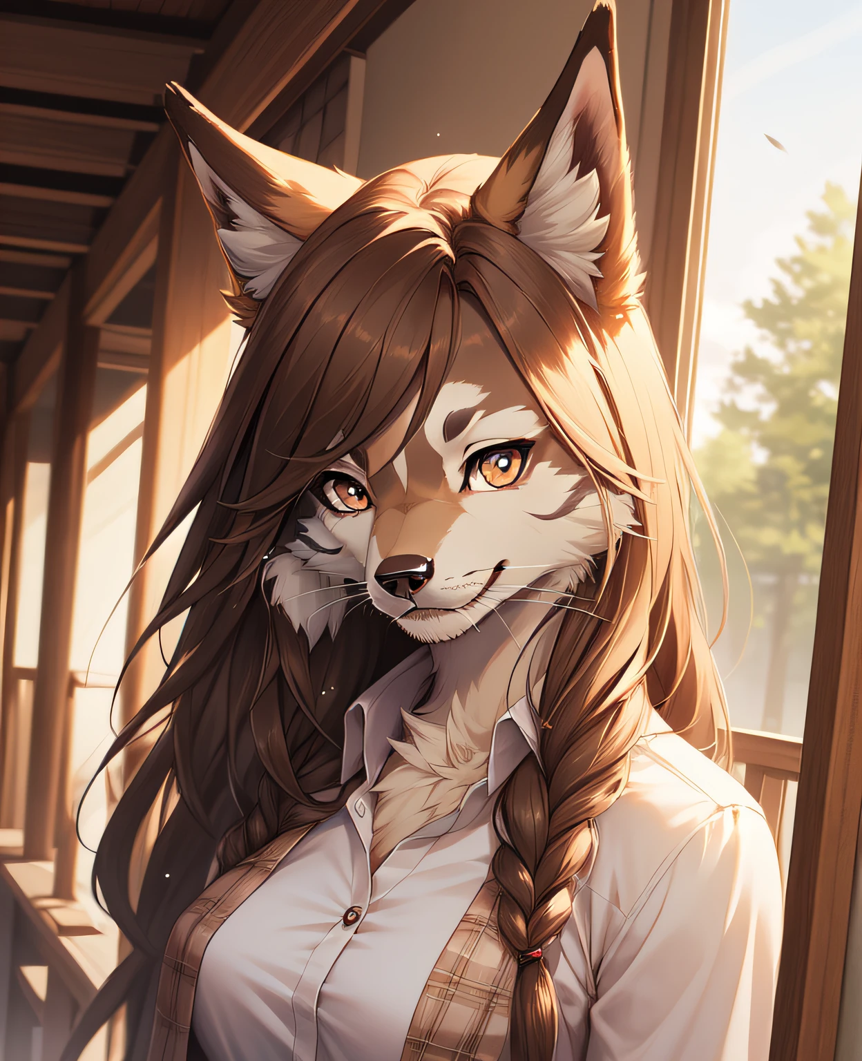 masutepiece, Realistic, professional photograpy, Female anthropomorphic Siberian Husky, Shirt, detailed fur, (body covered with fur:1.2), Pretty Face, detailed hairs,