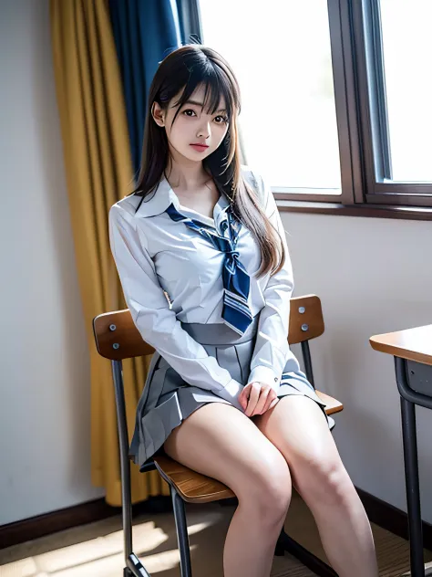 top-quality、8k picture、In a classroom with the setting sun shining through the window、1 Schoolgirl sitting on a chair、Cute Beautiful Girl、Hold your knees and sit on a chair、White blouses、a short skirt、I can't see the white panties.、slenderbody、tiny chest、t...