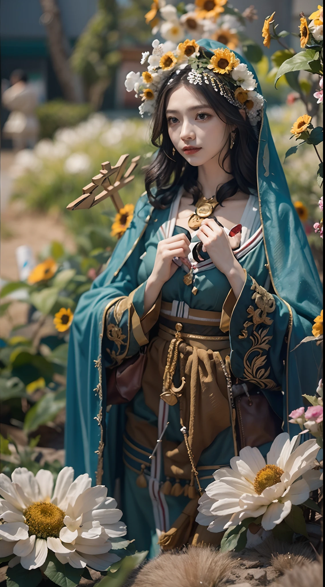 In a very grand scene，The extra-large wide-angle lens captures the appearance of a female centaur。She is a Sunflower Worship nun，Facing it（拥有微笑😊脸的针织太阳花圣象：99.99）DOA。She is tall，It has the ultimate curvy beauty，The muscles are slender and firm，Beautiful lines。She has（Super huge sky blue eyes：99.99），Always with sexy glasses。（She wears solemn nun attire：9.9），Stepping on a boot-style skyscraper-heel，A pink cross hangs from his chest。Use Midjourney's advanced tools，Designed for female centaurs（In front of her is a knitted sunflower potted plant with a super healing smile：99.99），This is the icon of God woven from high-grade yarn，and noble and solemn nun costumes，and highlight her unique physiological characteristics and appearance details，Add realism。And in the context of her prayers and listening to confessions，Spectacular views of nature，Such as the sky where storms and sunny days alternate、Brilliant rivers of stars and auroras、The snow-capped summit of Mount Everest、Fireworks in the mountain town, etc。ao mesmo tempo，Away from the hustle and bustle next to the chapel，Create a fantastic scene。Use Midjourney's advanced tools and multiple color palettes、Brush Strokes、Texture tools and model packages，It shows a sense of atmosphere where beauty and charm coexist。The charm of the female centaur is highlighted through color and lines，Enhance realism with detailing，Create a surreal dreamy feeling。Additionally，Use Midjourney's tools to add various exorcism props and books to the female centaur、pergaminhos，Create intricate hairstyles and outfits，Give her a sense of premium。She never flinches，No matter what monster you encounter，can respond quickly，Even the most extreme armies of natural disasters and monsters could not stop her and her front（The only sunflower in the picture with the Tyndall effect exuding sunlight：999.9）。Use Midjourney's powerful tools，You can do it with incredible detail and beauty，Bring this ultra-grand and beautiful scene to life。Ultra-grand scenes，super wide