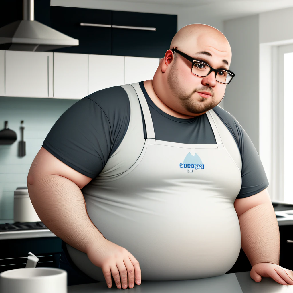 There is a man standing in a kitchen with a large belly - SeaArt AI