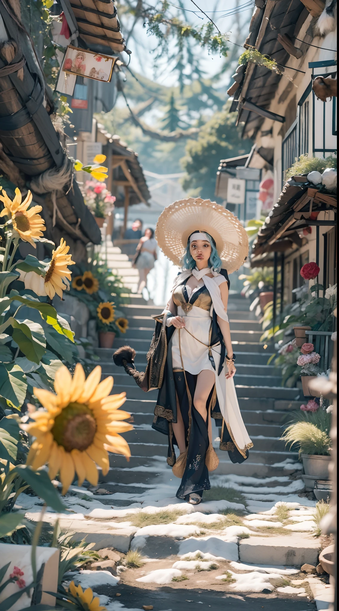 In a very grand scene，The extra-large wide-angle lens captures the appearance of a female centaur。She is a Sunflower Worship nun，Facing it（拥有微笑😊脸的针织太阳花圣象：99.99）DOA。She is tall，It has the ultimate curvy beauty，The muscles are slender and firm，Beautiful lines。She has（Super huge sky blue eyes：99.99），Always with sexy glasses。（She wears solemn nun attire：9.9），Stepping on a boot-style skyscraper-heel，A pink cross hangs from his chest。Use Midjourney's advanced tools，Designed for female centaurs（In front of her is a knitted sunflower potted plant with a super healing smile：99.99），This is the icon of God woven from high-grade yarn，and noble and solemn nun costumes，and highlight her unique physiological characteristics and appearance details，Add realism。And in the context of her prayers and listening to confessions，Spectacular views of nature，Such as the sky where storms and sunny days alternate、Brilliant rivers of stars and auroras、The snow-capped summit of Mount Everest、Fireworks in the mountain town, etc。ao mesmo tempo，Away from the hustle and bustle next to the chapel，Create a fantastic scene。Use Midjourney's advanced tools and multiple color palettes、Brush Strokes、Texture tools and model packages，It shows a sense of atmosphere where beauty and charm coexist。The charm of the female centaur is highlighted through color and lines，Enhance realism with detailing，Create a surreal dreamy feeling。Additionally，Use Midjourney's tools to add various exorcism props and books to the female centaur、pergaminhos，Create intricate hairstyles and outfits，Give her a sense of premium。She never flinches，No matter what monster you encounter，can respond quickly，Even the most extreme armies of natural disasters and monsters could not stop her and her front（The only sunflower in the picture with the Tyndall effect exuding sunlight：999.9）。Use Midjourney's powerful tools，You can do it with incredible detail and beauty，Bring this ultra-grand and beautiful scene to life。Ultra-grand scenes，super wide