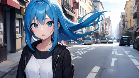 Girl with long blue hair, street, strong wind, surprised