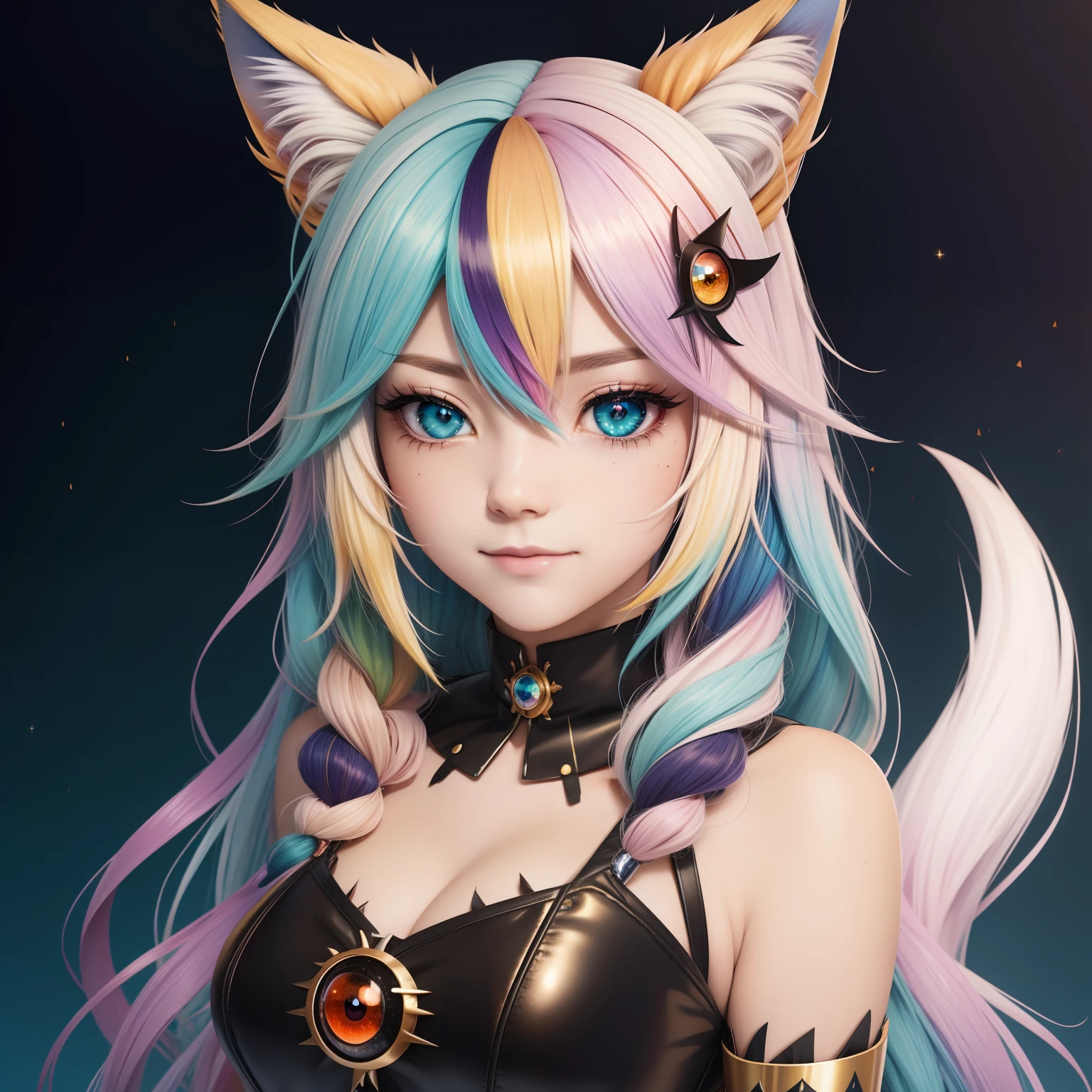 multicolored hair, colored inner hair, gradient hair, ahoge, curly hair, very long hair, bone hair ornament, cat hair ornament, multicolored eyes, empty eyes, dilated pupils, hollow eyes, symbol-shaped pupils, aqua eyes, gradient eyes, amber eyes, colored eyelashes, longeyelashes, fox ears, cat ears, smile, shy, Surrealism, anime, sparkle, glowing light, jpeg artifacts, first-person view, cowboy shot, 8k, super detail, 16k, 8k, best quality, high quality, super detail, masterpiece,