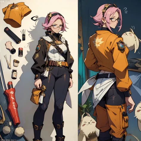 Anime,(masterpiece:1.5), (bestquality), highlydetailed, ultra-detailed, short hair,Half updo,pink hair, silver eyes,hairband,glasses,hair_bow,cute girl,small breasts,Close-up of a man in a gun costume, ((character concept art)), tall figure, ((character de...