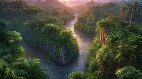 a photorealistic, award winning, best detailed, absurres, landscape picture of a fantasy jungle at dawn (masterpiece, best detai...