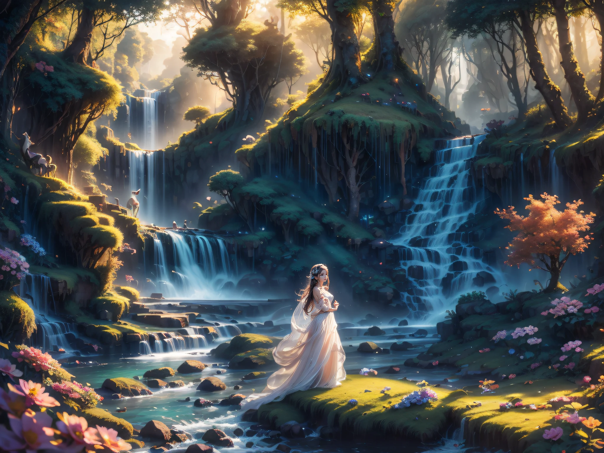 best quality, 4k, 8k, highres, masterpiece:1.2, ultra-detailed, realistic:1.37, portraits, landscape, concept artists, a girl in a fantasy jungle, beautiful detailed eyes, beautiful detailed lips, extremely detailed eyes and face, long eyelashes, girl looking towards something in awe, enchanted expression, flowing hair in the wind, fairy-like appearance, vibrant colors, soft lighting, magical atmosphere, glowing plants and flowers, ancient trees towering above, thick foliage creating a sense of mystery and secrecy, golden sunbeams filtering through the leaves, exquisite details in every leaf and flower, reflections on the river's surface, crystal-clear water in the river, golden fish swimming gracefully, frolicking deer in the distance, playful squirrels jumping from tree to tree, majestic waterfall in the background, water cascading down with great force, revealing a hidden cave behind the waterfall, mystical creatures watching from the shadows, unforgettable and surreal.