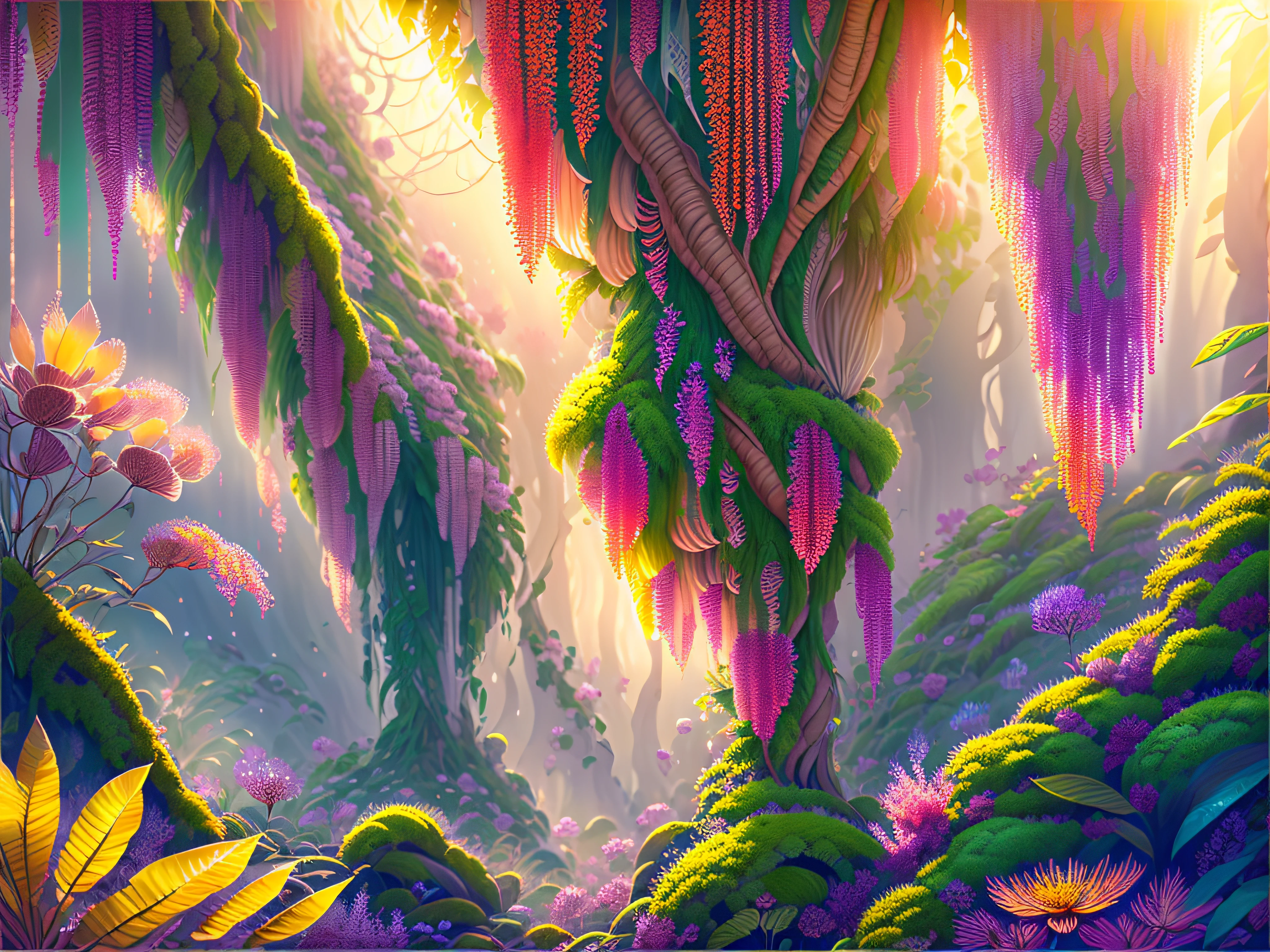 (best quality,4k,8k,highres,masterpiece:1.2),ultra-detailed,realistic,photorealistic:1.37,landscape,colorful,enchanted,thriving,exotic plants,towering trees,dappled sunlight,hidden creatures,vibrant wildlife,serene waterfall,lush foliage,overgrown vines,ethereal mist,majestic tree canopies,cascading flowers,rays of light,whispering breeze,peaceful atmosphere,paradise escape,teeming with life,dense undergrowth,golden sunlight,almighty mountains,long-lost ruins,enchanted flowers,fantastical creatures,wondrous discoveries,mysterious pathways,spectral glow,secret treasures,hidden oasis,sunset hues,shimmering waters,magical energy,floating islands,canopy walkways