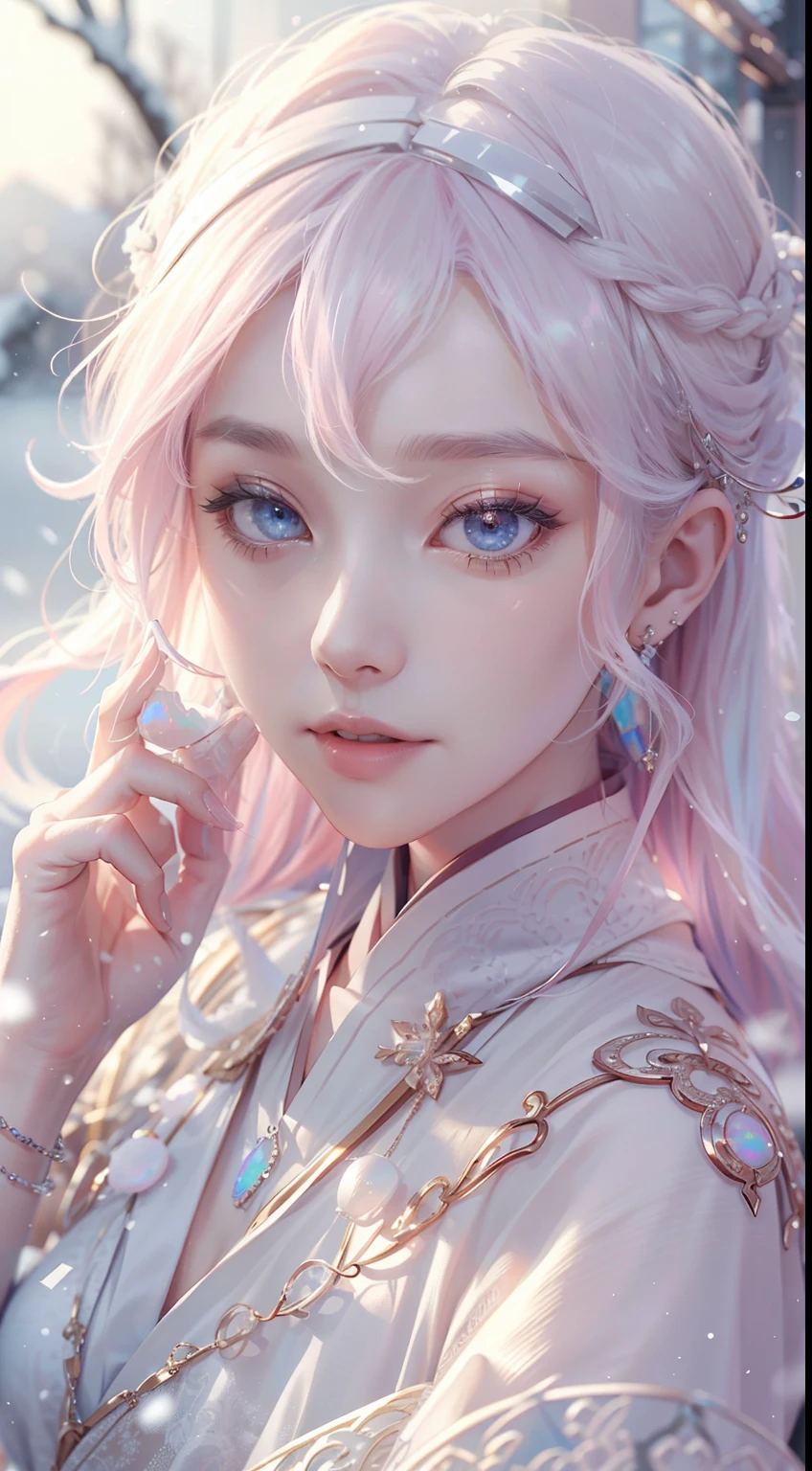 Works of masters，Best image quality，Ultra-high resolution，8K resolution，first person perspective，(full bodyesbian)，s the perfect face，Glowing skin，Exquisite facial features，solo person，FEMALES，ssmile，long whitr hair，Pink hair，crossed bangs，Wave head，Bracelet，Collar，during，Hanfu，snowflower，Winters，temple，New Year，Opal rendering，Cinematic lighting，Winter snow method