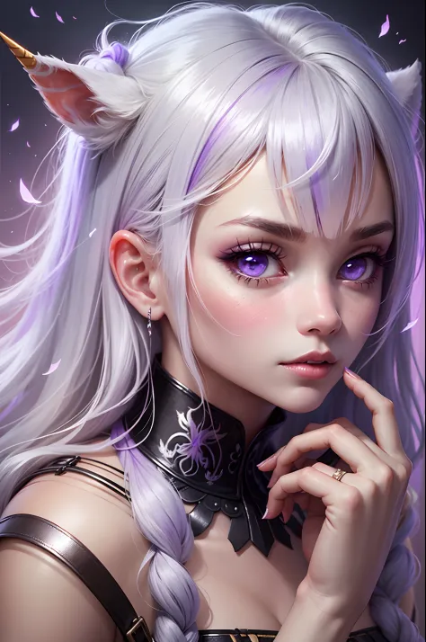 Unicorn anthropomorphic female high detail white hair purple pupils