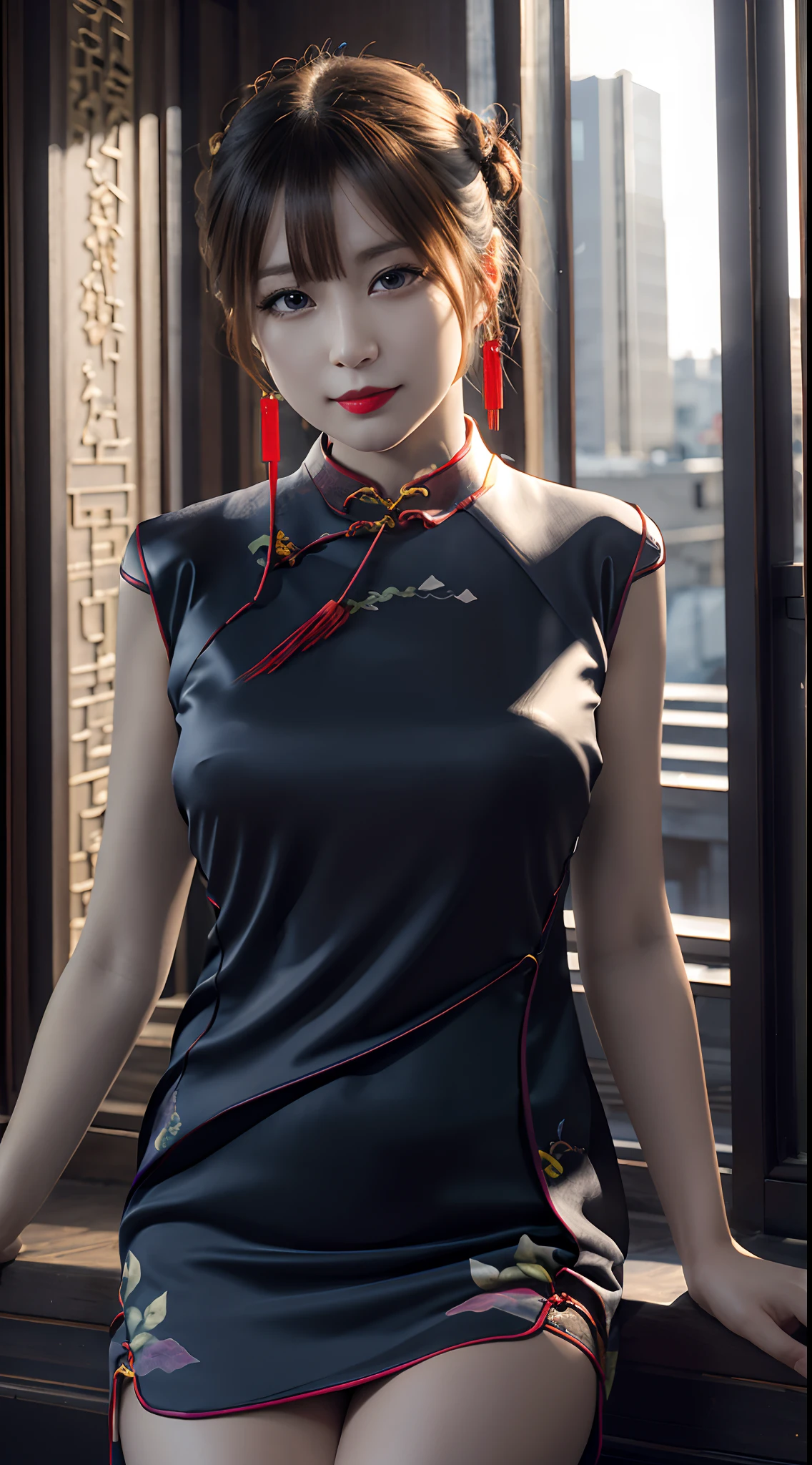 (8K, Raw photo, Best Quality, masutepiece:1.2), (Realistic, Photorealsitic:1.37),1girl in, Professional Lighting, Photon mapping, Radio City, Raw photo、(Photorealsitic:1.4)、Octane number renderin、Complex 3D rendering ultra detail, Studio Soft Light, Rim Lights, vibrant detail, super detailing, realistic skin textures, Detail Face, Beautiful detail eyes, Very detailed CG Unity 16k wallpaper, make - up, (detailedbackground:1.2),Colossal 、Best Quality, 超A high resolution, masutepiece, 1girl in, 20yr old, Black hair,((Cheongsam:1.5)), cute  face, good,Temple background、Nogizaka Idol、Korean Idol、Japan idle