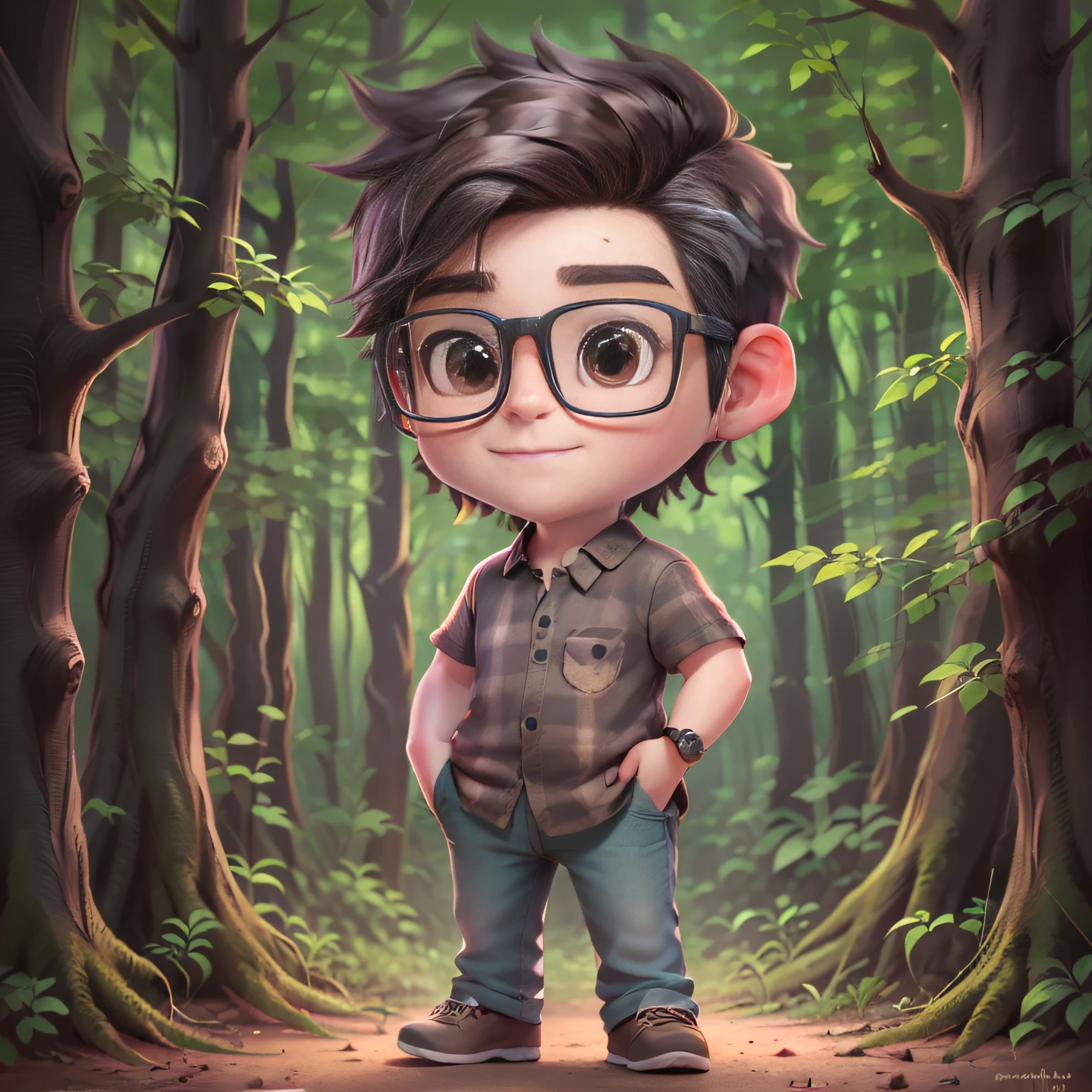 tmasterpiece, Man with glasses, Nerd, Studio lighting, cartoonish style, tchibi, radi, forest backgrou, highly  detailed