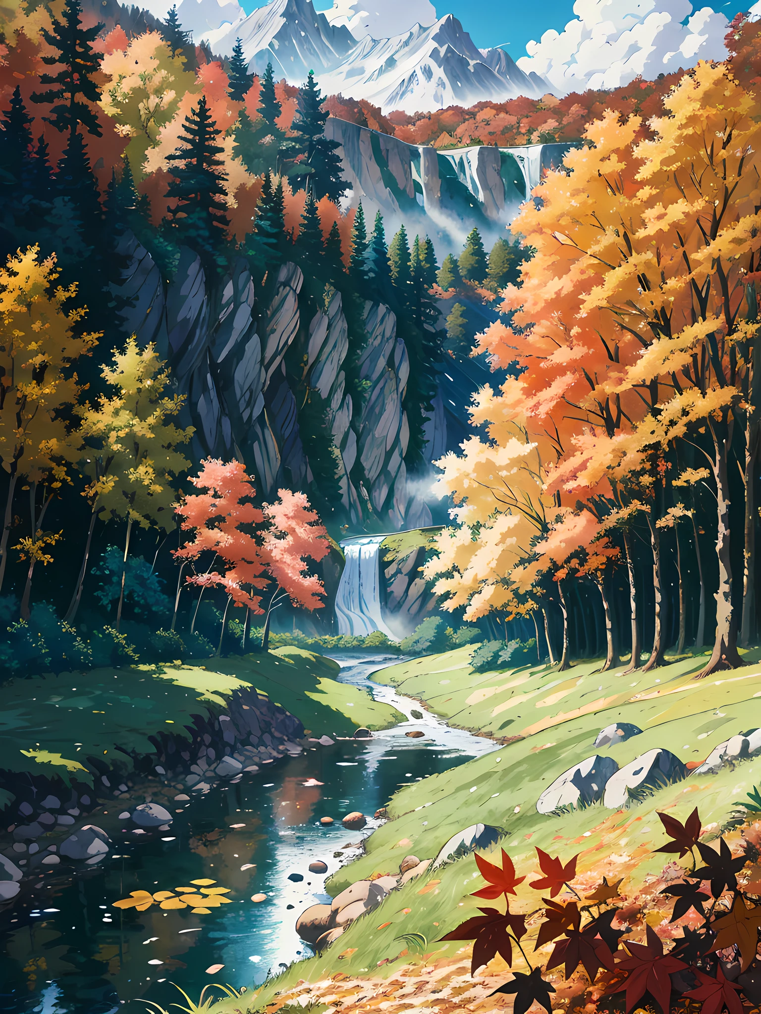 (best quality, masterpiece), official art, illustration, ligne claire, highres, absurdres, ultra-detailed, 8k, cel shading, Landscape, forest, autumn, leafs, river, gras, mountain in the background, waterfall, anime coloring, (anime screencap:1.2)