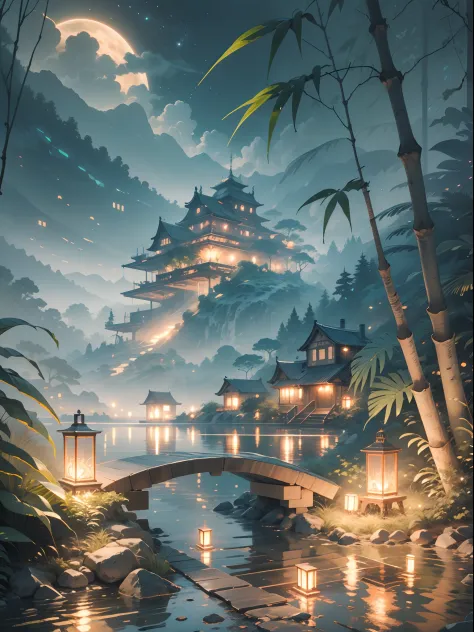 Fantasy jungle, bamboo tree fantasy, long bamboo tree, realistic, fogy environment, artificial intelligence, artificial water source, build a bridge between two different places which is surrounded by the bamboo trees, night view, 8K best quality, AMD Fide...