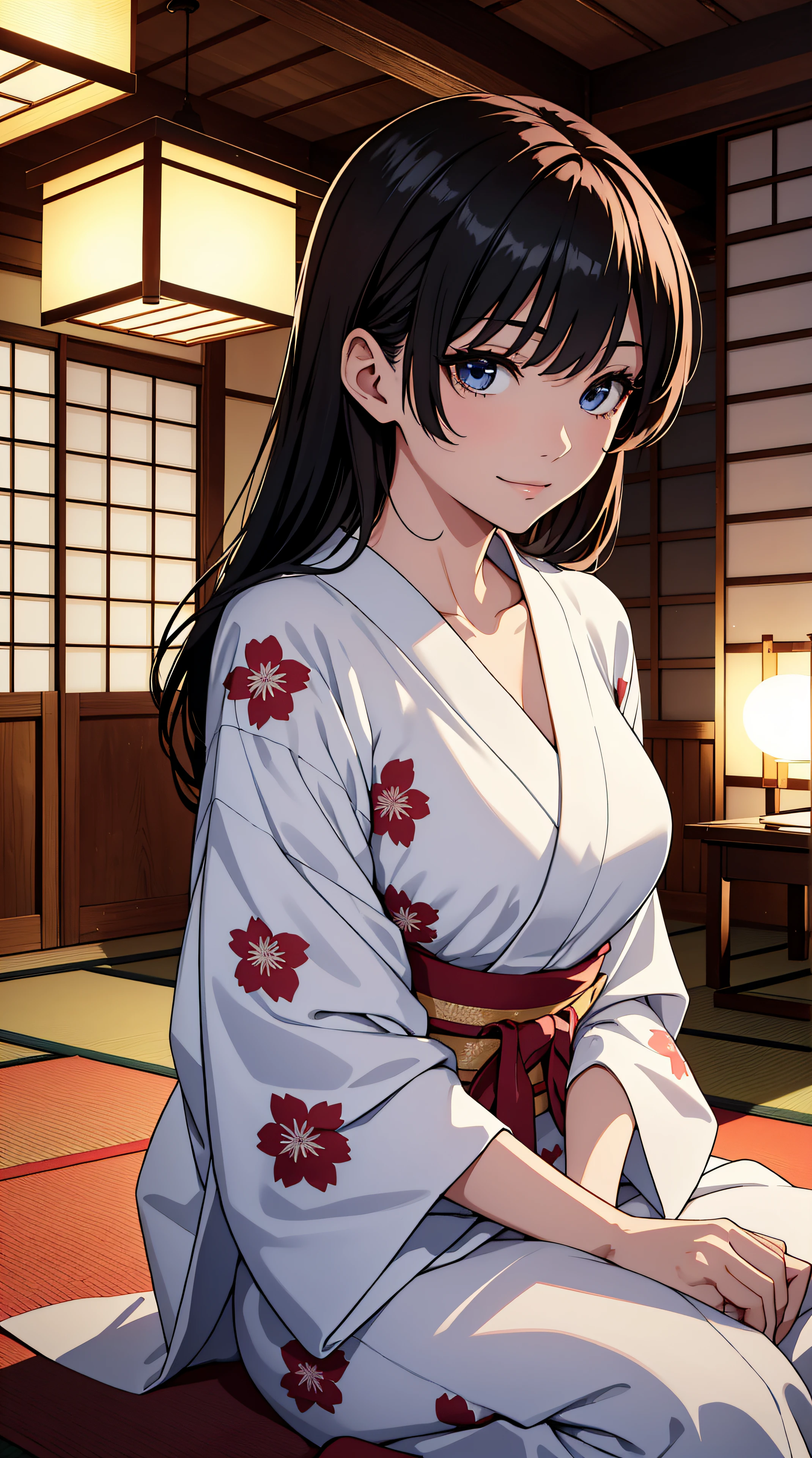 top-quality、​masterpiece、Beautiful and elegant woman, Affectionate look, Beautiful sister, Beautiful face、Beautiful jawline, Gentle smile, Attractive woman、photogenic, Yukata with color and pattern、Shoulders come out、traditional Japanese room、Tatami room、nighttime scene、Best Quality, masutepiece,