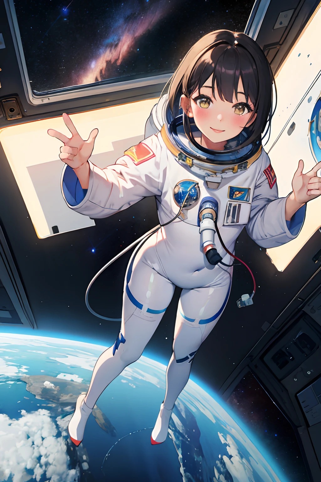 wide angle,1girl, lips, blush, makeup, light smile, full body, nice hip, POV, from above, floating, astronaut uniform, space suit, indoor, space, light rays, glow, (masterpiece), wallpaper