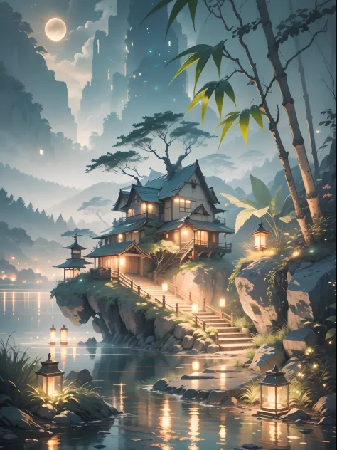 fantasy jungle, bamboo tree fantasy, long bamboo tree, realistic, fogy environment, artificial intelligence, artificial water so...