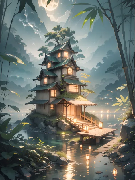 fantasy jungle, bamboo tree fantasy, long bamboo tree, realistic, fogy environment, artificial intelligence, artificial water so...