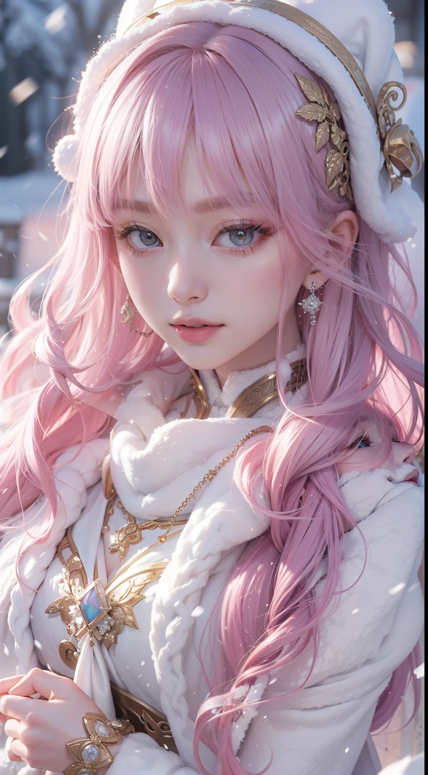 Works of masters，Best image quality，Ultra-high resolution，8K resolution，first person perspective，(full bodyesbian)，s the perfect face，Glowing skin，Exquisite facial features，solo person，FEMALES，ssmile，long whitr hair，Pink hair，crossed bangs，Wave head，Bracelet，Collar，during，Lolita costume，snowflower，Winters，temple，New Year，Opal rendering，Cinematic lighting，Winter snow method