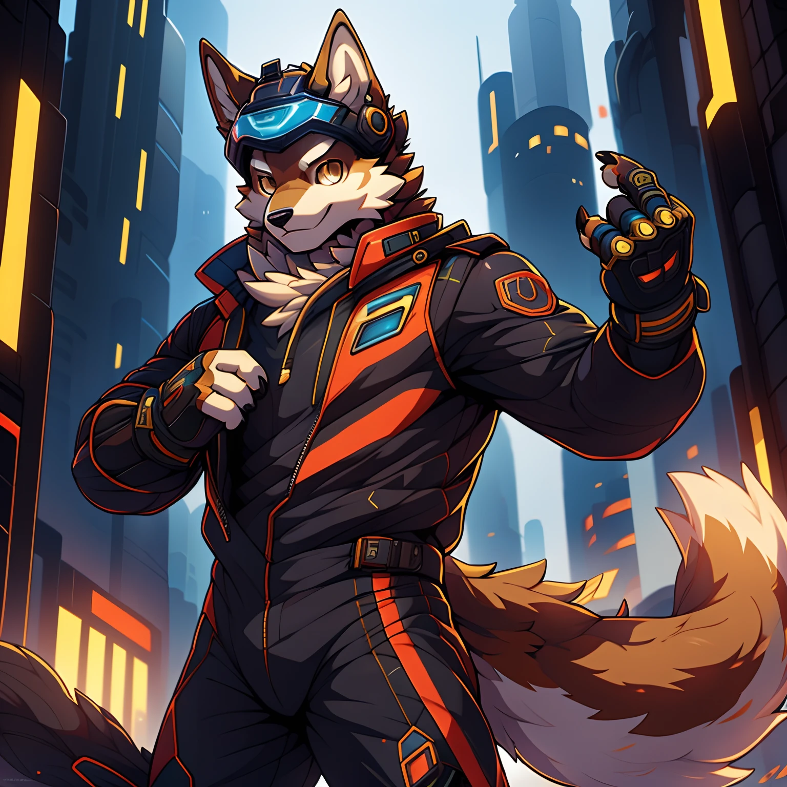 Furry，shaggy，Brown fur，male people，canid，Brown wolf，solo person，sharp talons，Brown-skinned， Golden eyes，Fluffy tail，tightsuit，cyber punk perssonage，combat helmet，super heroes，ultra - detailed：1.0