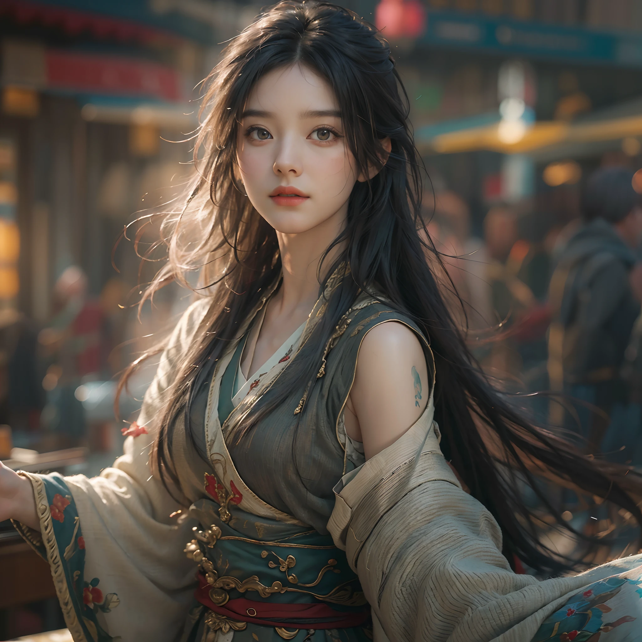 (RAW photo, best quality), (realistic, photo-realistic:1.3),best quality,highly detailed,masterpiece,ultra-detailed,illustration,1girl,upper_body,dynamic angle,world masterpiece theater,messy_long_hair,best quality,extremely detailed CG unity 8k wallpaper,ink,Amazing,cinematic lighting,lens_flare, dunhuang_style