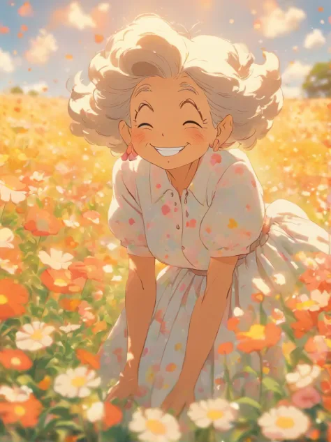 Grandma in a skirt, blooming flower field, Light smile, Warren sack 127mm F/4.7 Ektar