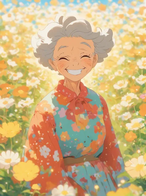 Grandma in a skirt, blooming flower field, Light smile, Warren sack 127mm F/4.7 Ektar