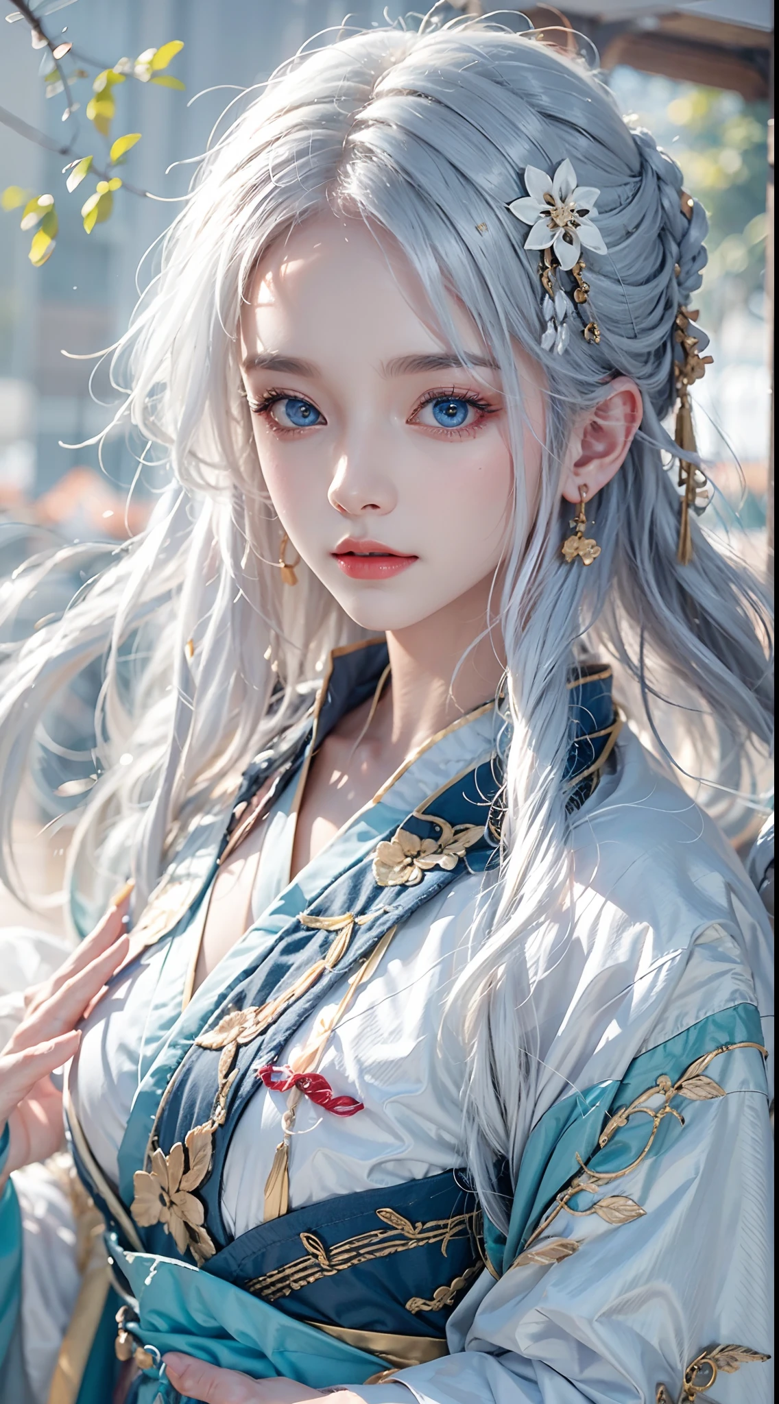 photorealistic, masterpiece, photorealistic, high resolution, soft light, hips up, blue eyes, hanfu, white hair, long hair, Taoist robe,oversized clothes, jewelry