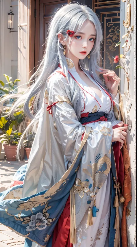 photorealistic, masterpiece, photorealistic, high resolution, soft light, hips up, blue eyes, red hanfu, white hair, long hair, ...