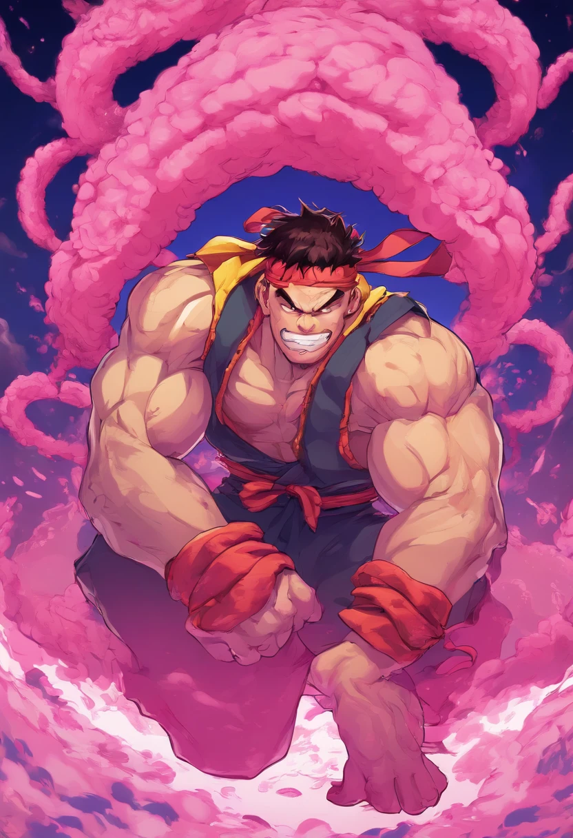 A cartoon image of a man with a fist and a pink cloud - SeaArt AI