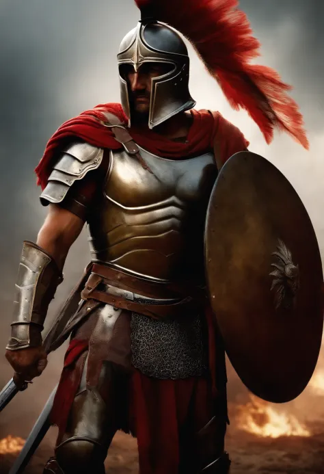 Spartan warrior, bloody armor, Battles on the battlefield, ,Take off your helmet and hold it,On his knees, Facing the front, Seriously injured and exhausted