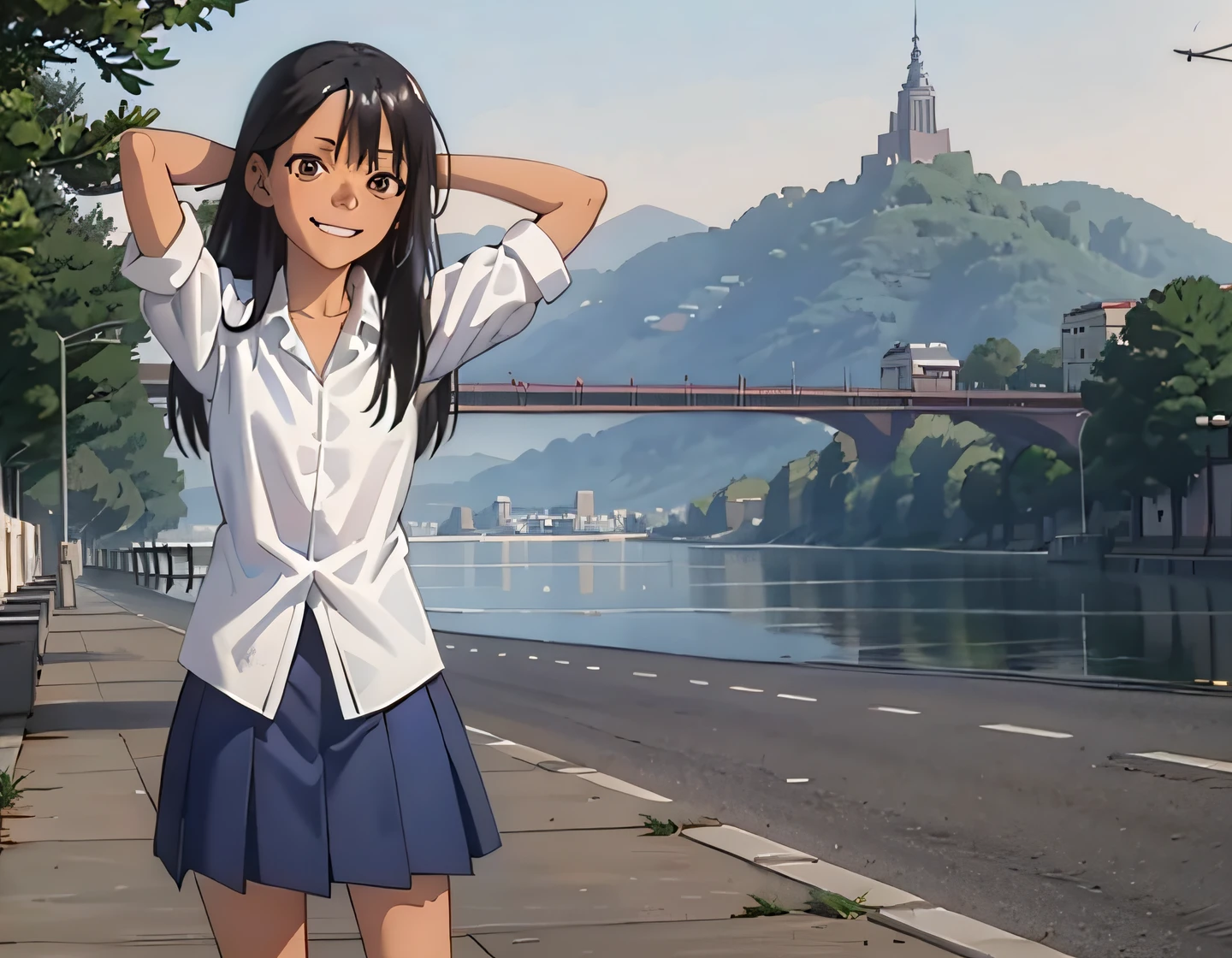 hdr, CG, Sharp focus, (8K), (4K), Masterpiece, Best quality, Sharp focus, Extremely detailed, Intricate, ultra - detailed, Nagatoro Hayase, Brown eyes, Black hair, bangs, Long hair, Dark skin, hair pin, White shirt, Blue skirt, didn't wear socks, uwabaki, standing, arms behind  head, Cowboy shot, view the viewer, Outdoors, evil grin smile