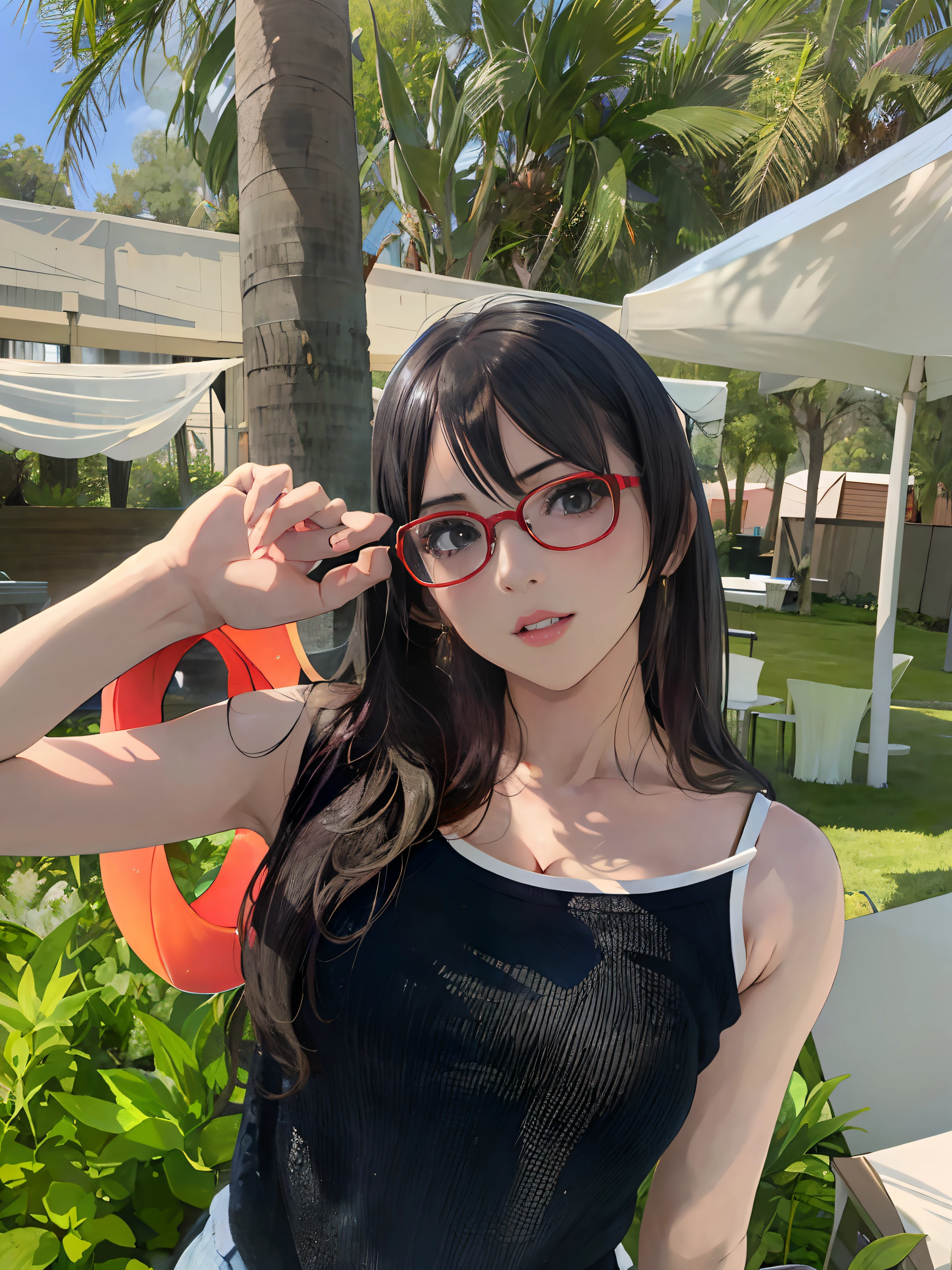 Woman with glasses standing in the grass, Belle Delphine, with glasses, wavy long black hair and glasses, anime thai girl, 奈良美智, real life anime girl, sakimichan, dilraba dilmurat, With long hair, long black hair with bangs、perfect fingers、large full breasts、Beautiful cleavage